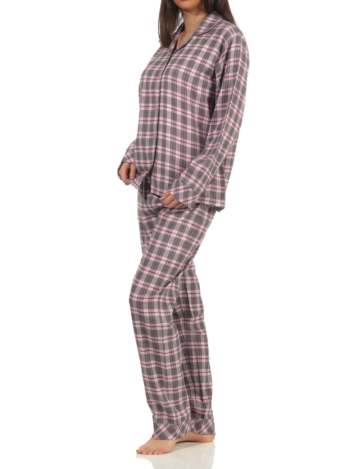 Normann Damen Flanell Schlafanzug lang Pyjama mit Knopfleiste und Hemdkragen