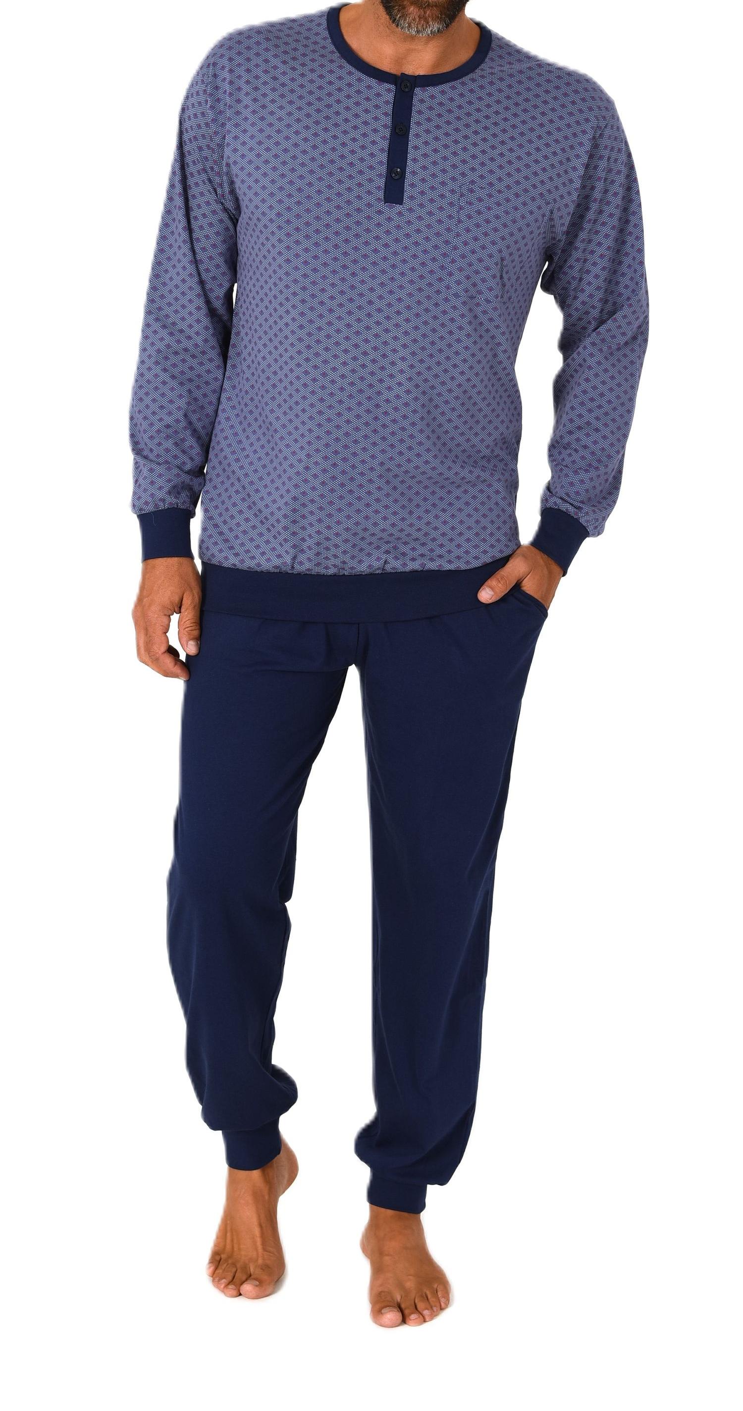 Normann Herren Schlafanzug lang mit Bündchen Pyjama aus 100 % Baumwolle in edler Optik