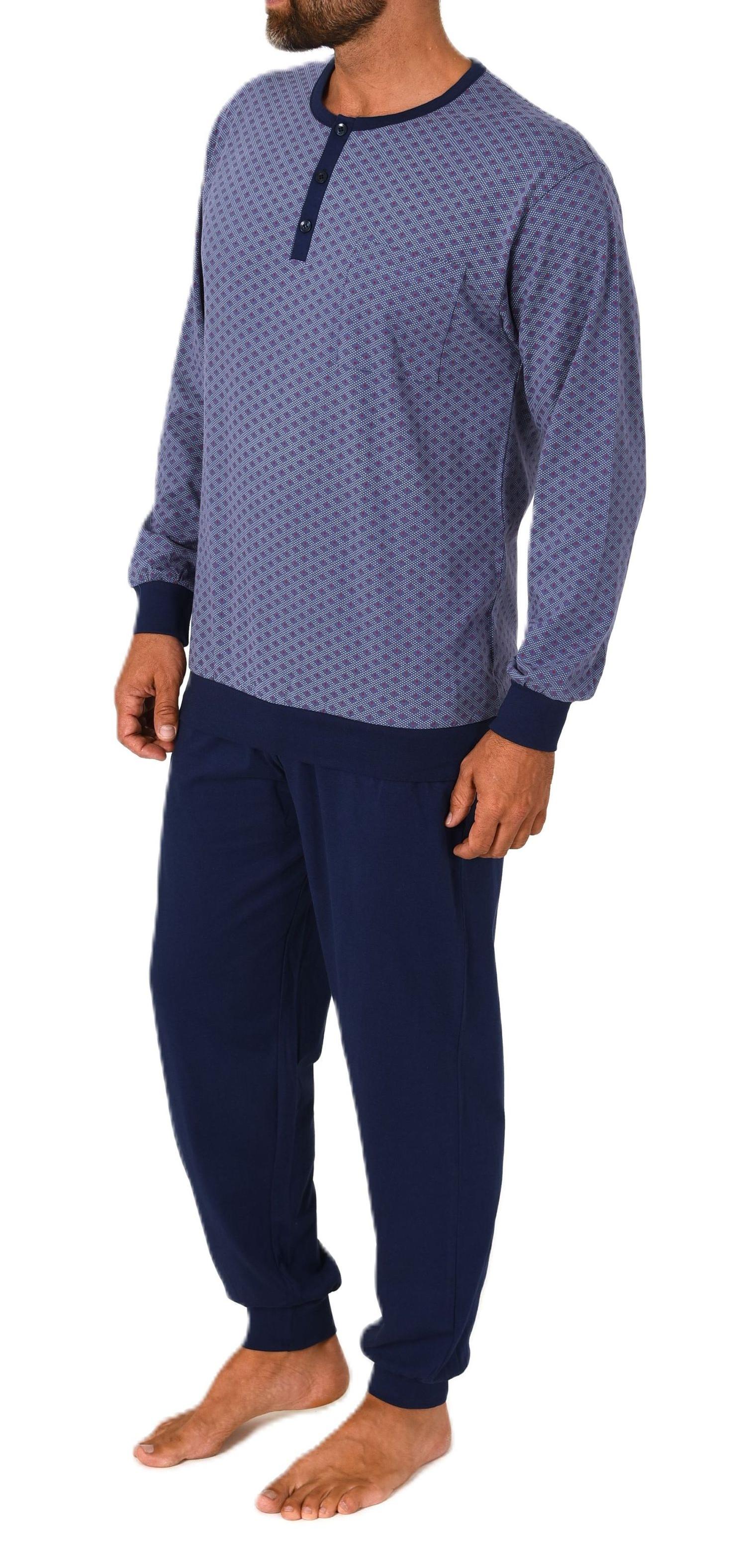 Normann Herren Schlafanzug lang mit Bündchen Pyjama aus 100 % Baumwolle in edler Optik