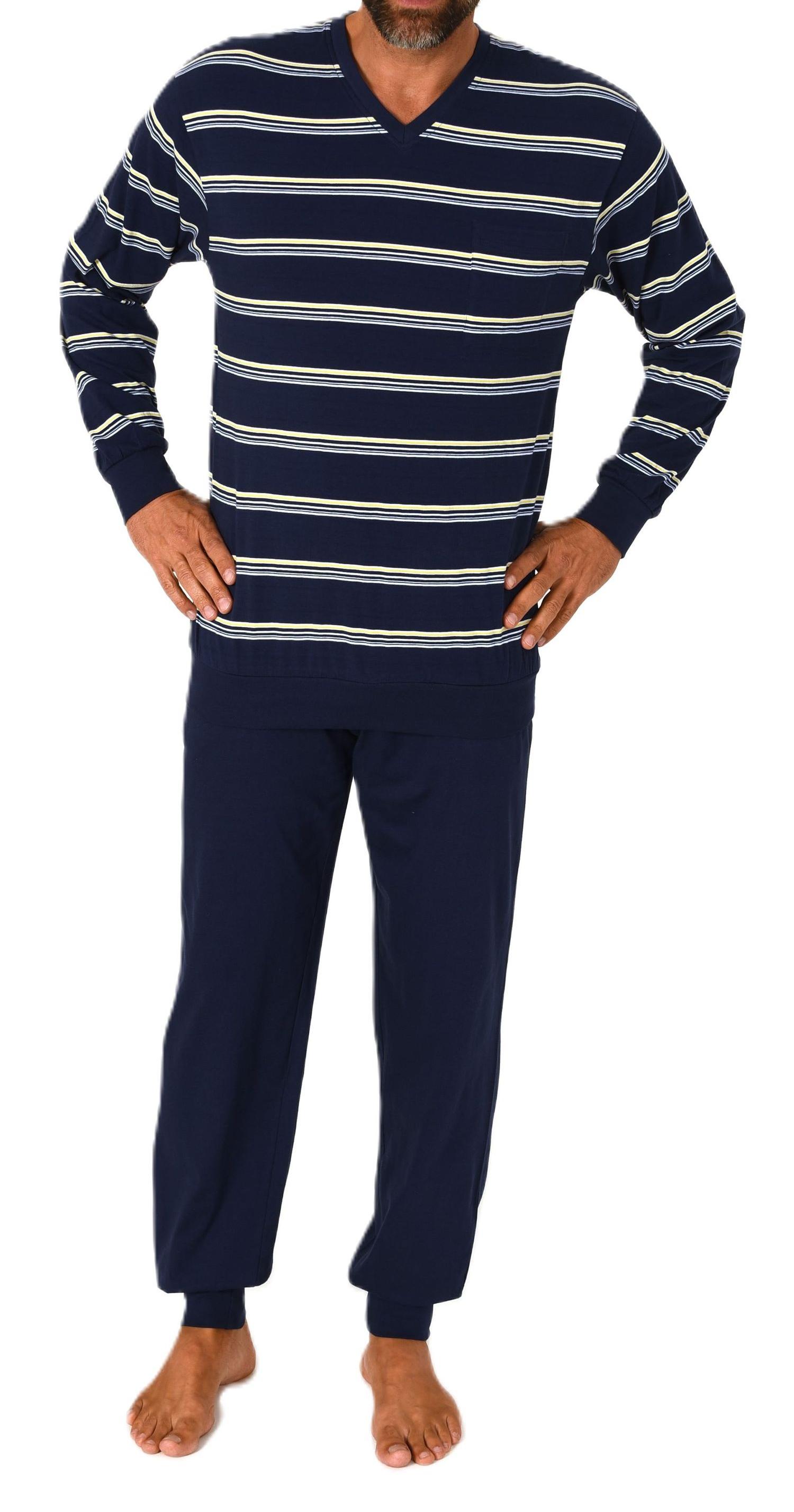 Normann Herren Schlafanzug lang mit Bündchen - Pyjama in Streifenoptik und V-Hals