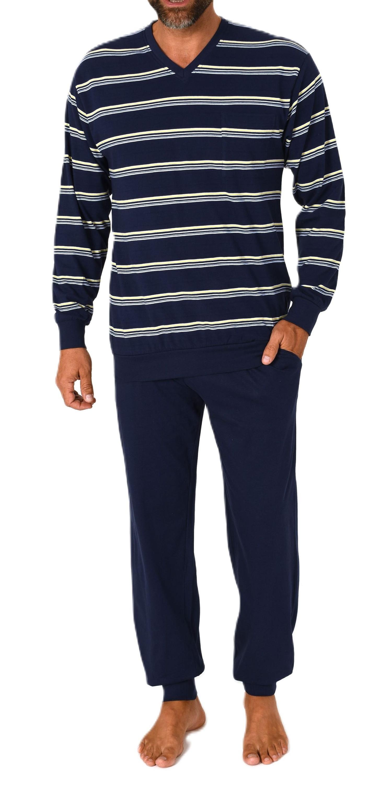 Normann Herren Schlafanzug lang mit Bündchen - Pyjama in Streifenoptik und V-Hals