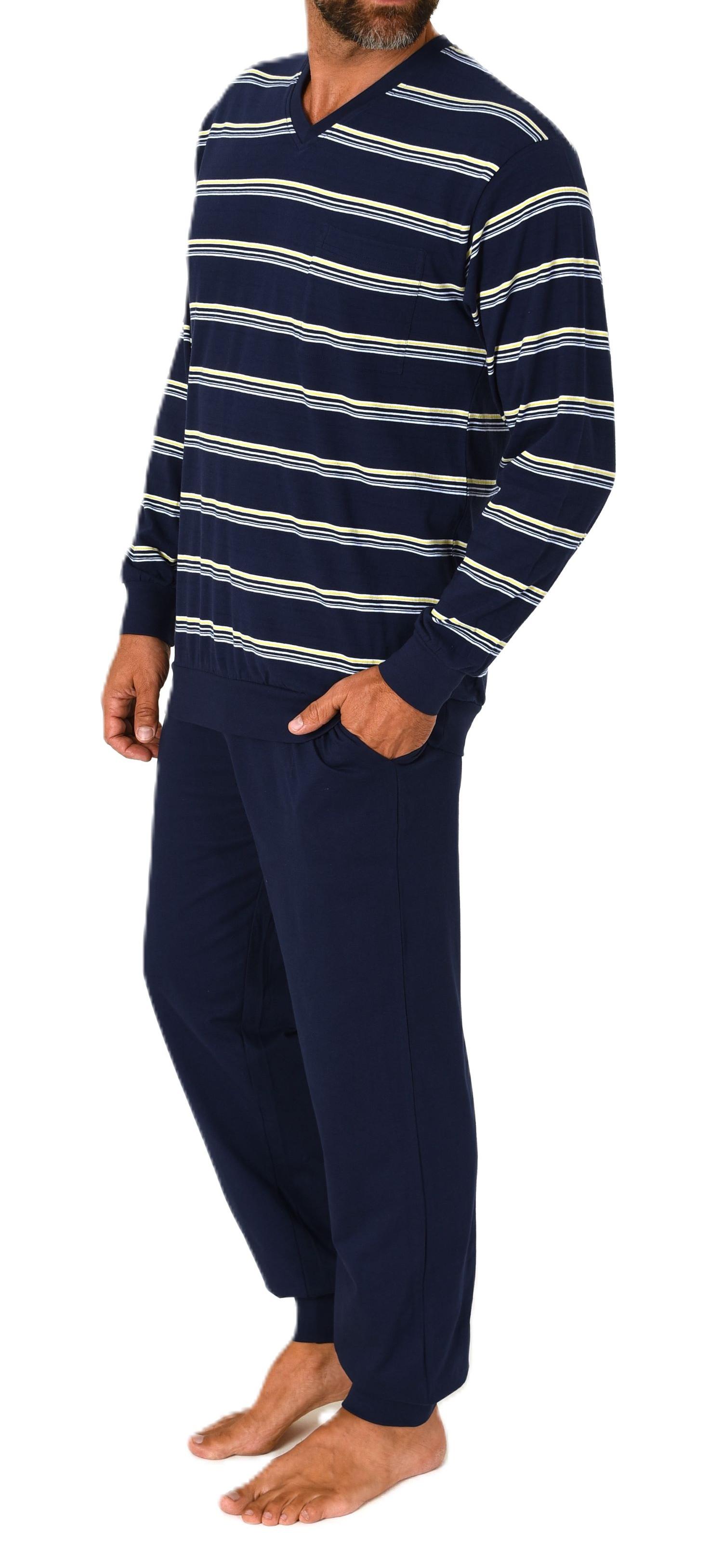 Normann Herren Schlafanzug lang mit Bündchen - Pyjama in Streifenoptik und V-Hals