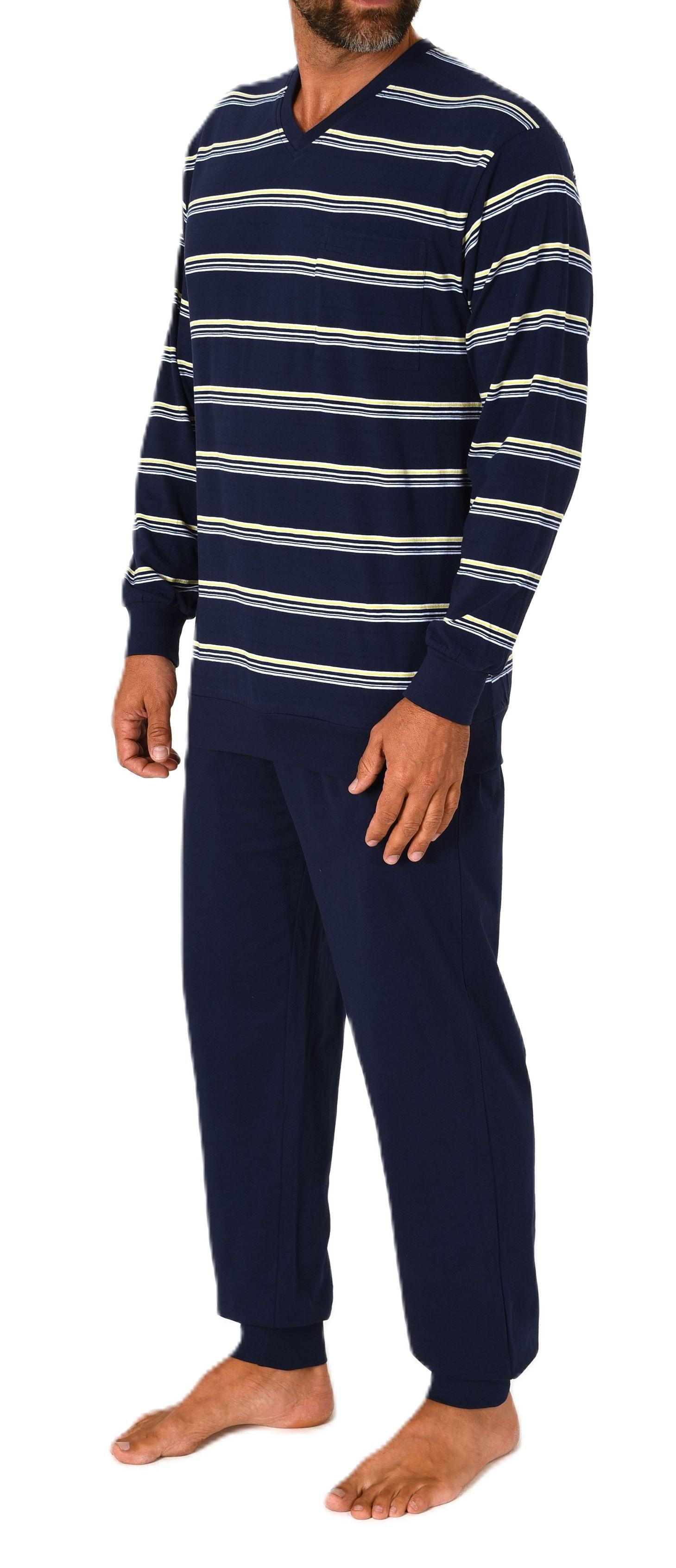 Normann Herren Schlafanzug lang mit Bündchen - Pyjama in Streifenoptik und V-Hals