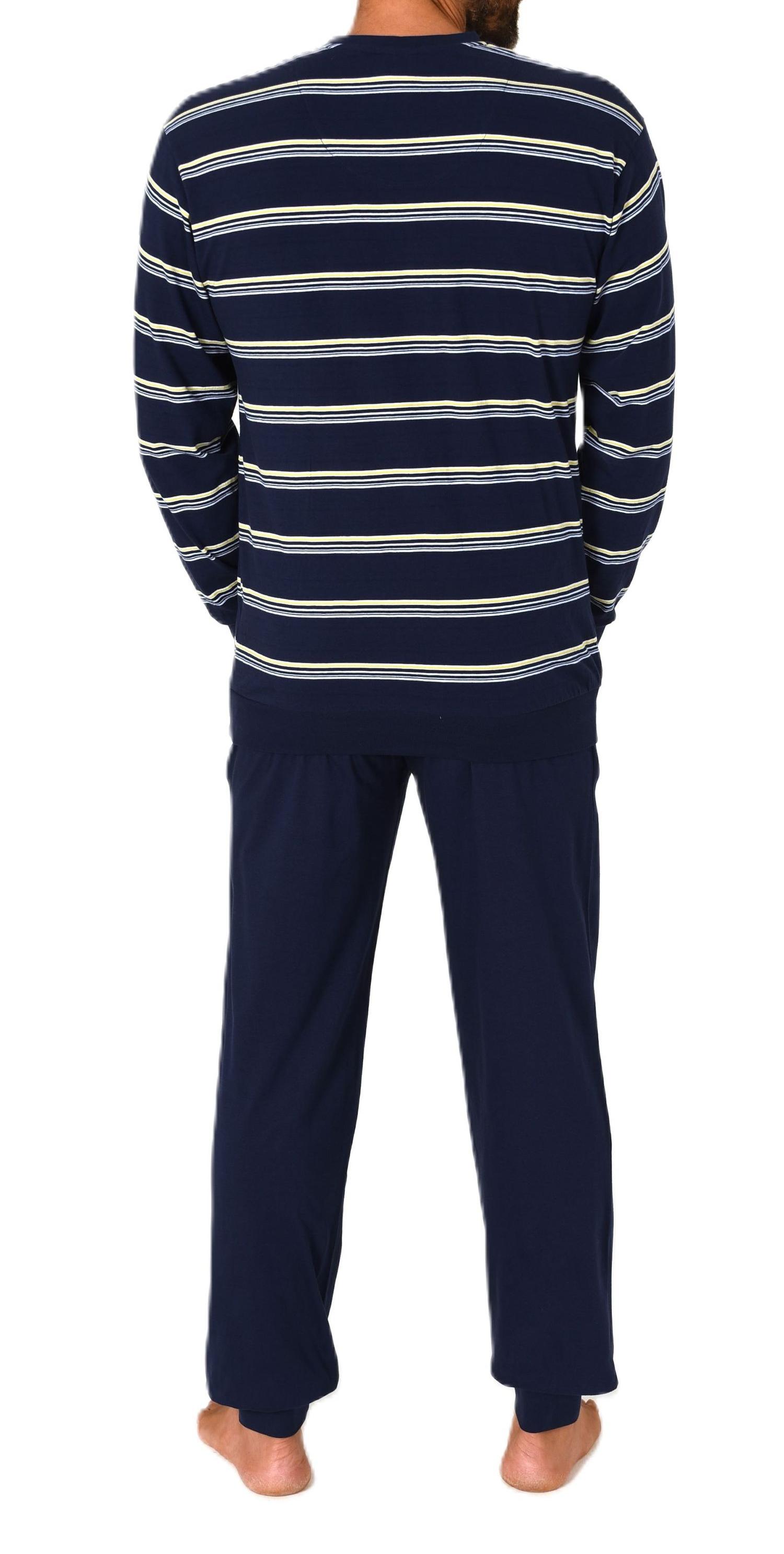 Normann Herren Schlafanzug lang mit Bündchen - Pyjama in Streifenoptik und V-Hals