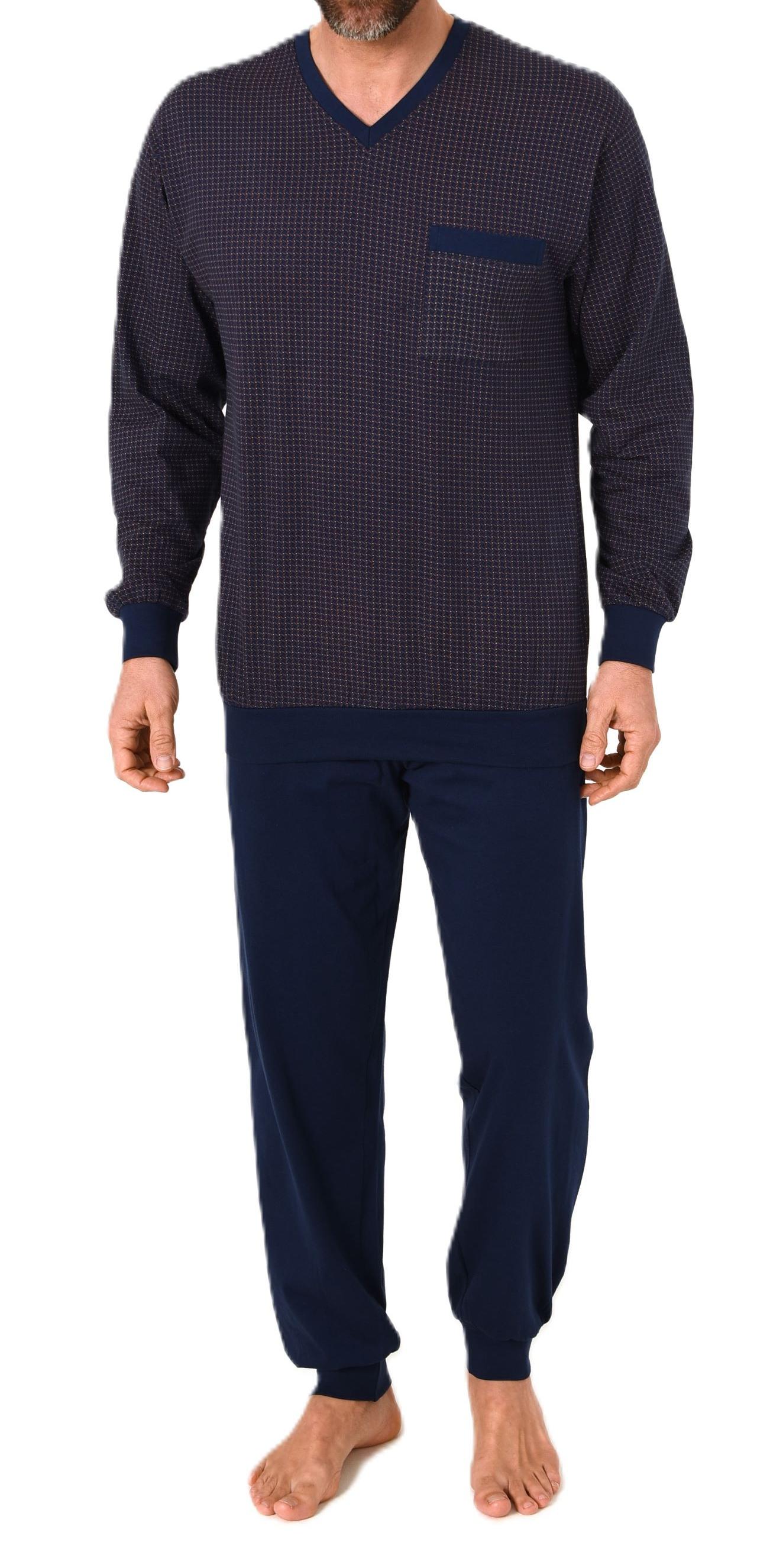 Normann Herren Schlafanzug lang mit Bündchen - Pyjama im edlen Minimal-Print und V-Hals