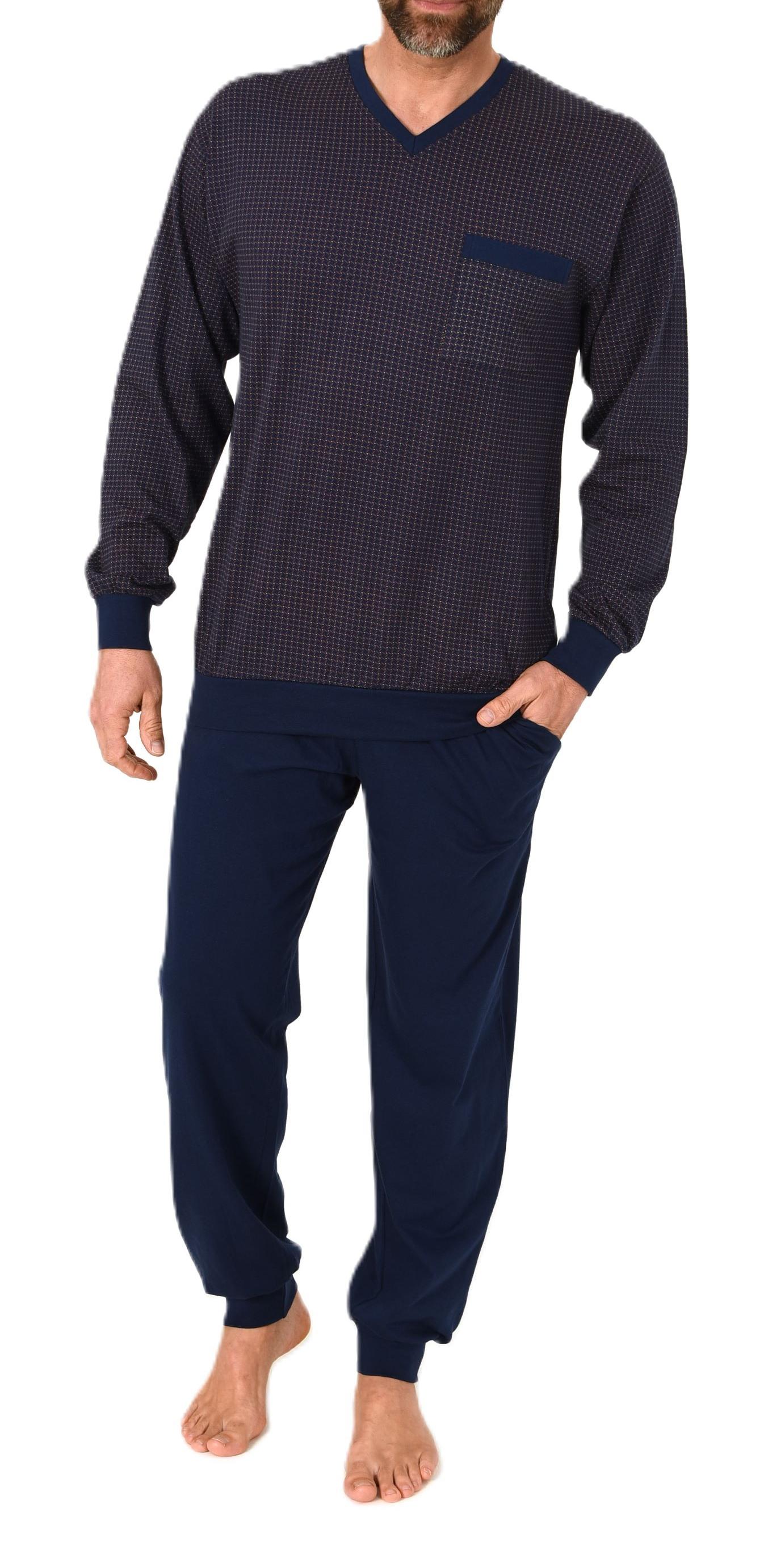 Normann Herren Schlafanzug lang mit Bündchen - Pyjama im edlen Minimal-Print und V-Hals