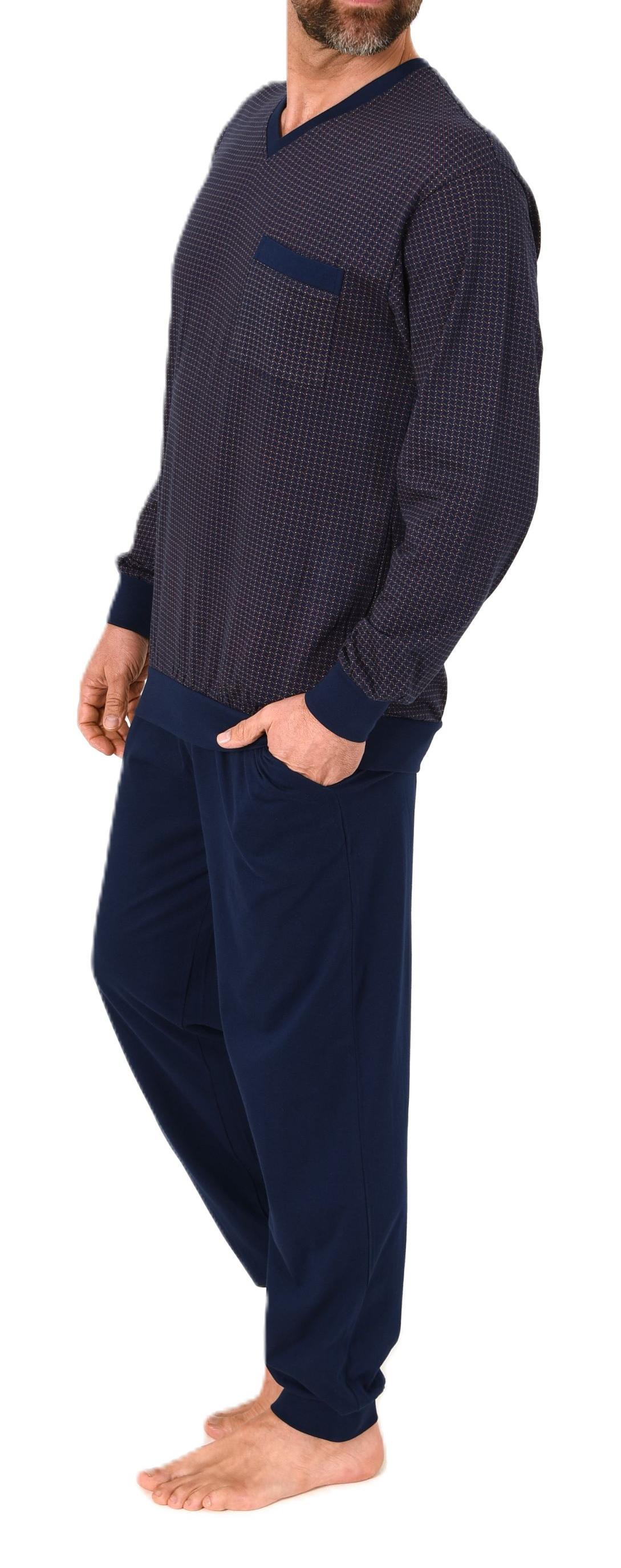 Normann Herren Schlafanzug lang mit Bündchen - Pyjama im edlen Minimal-Print und V-Hals
