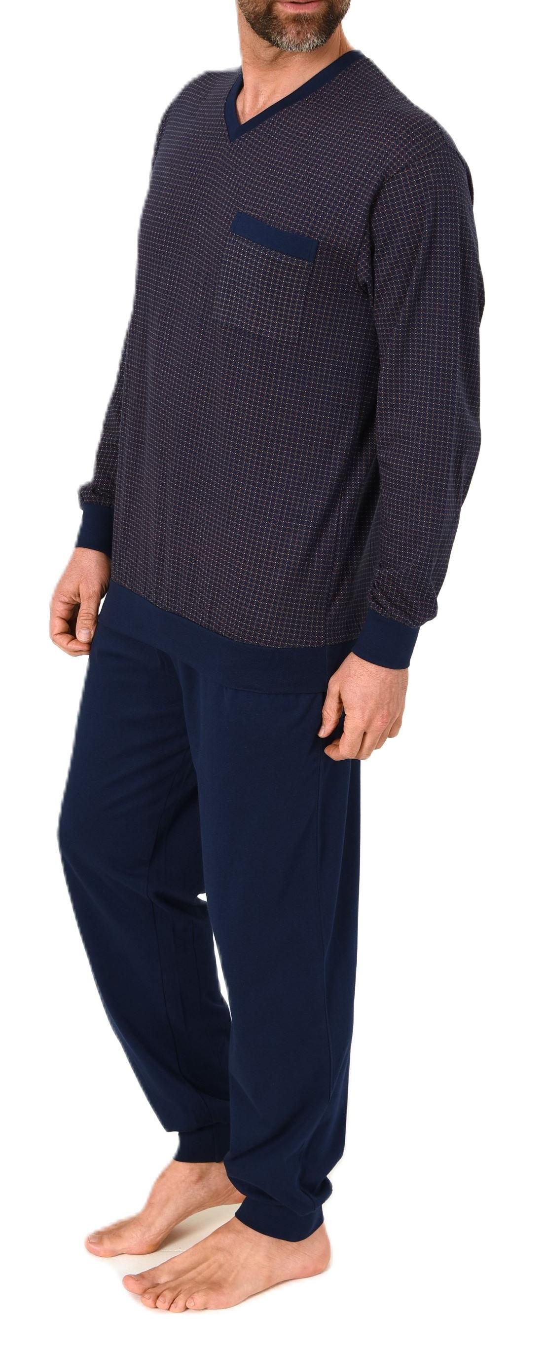 Normann Herren Schlafanzug lang mit Bündchen - Pyjama im edlen Minimal-Print und V-Hals