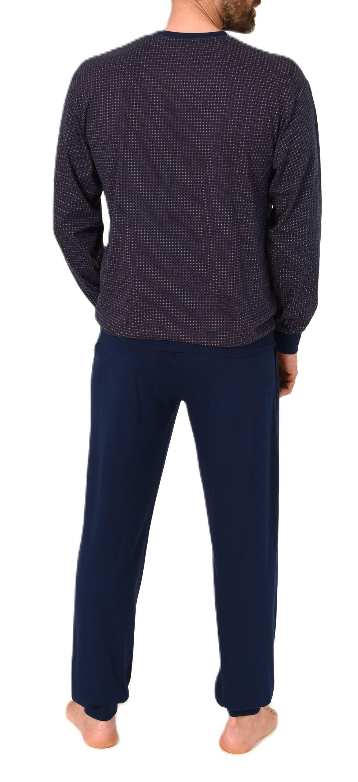 Normann Herren Schlafanzug lang mit Bündchen - Pyjama im edlen Minimal-Print und V-Hals