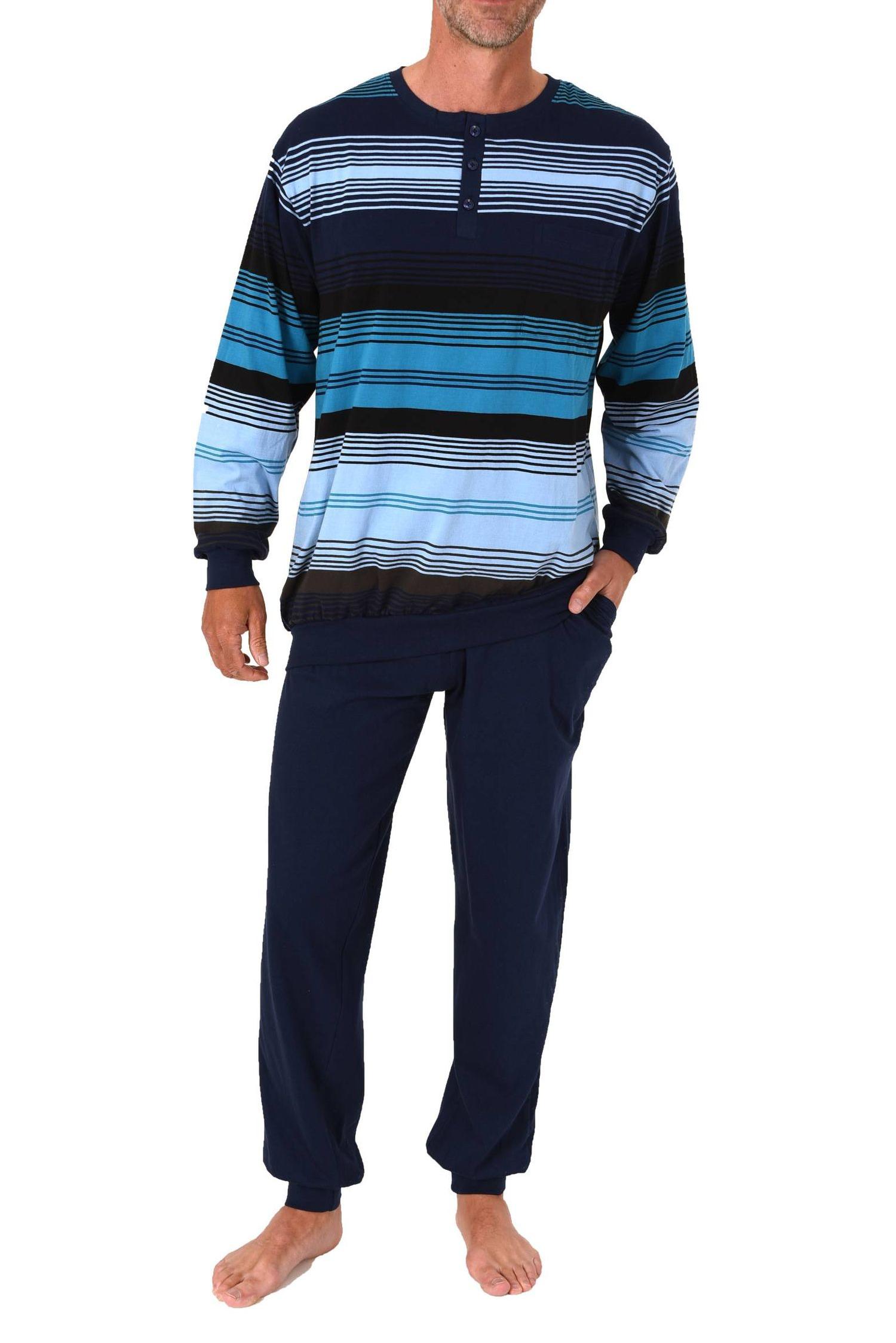 Normann Herren Schlafanzug lang mit Bündchen und Knopfleiste am Hals - auch in Übergrößen