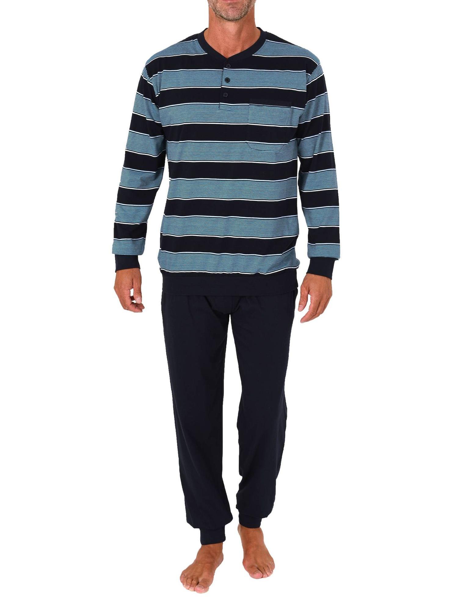 Normann Herren Schlafanzug lang mit Bündchen und Knopfleiste am Hals - auch in Übergrößen