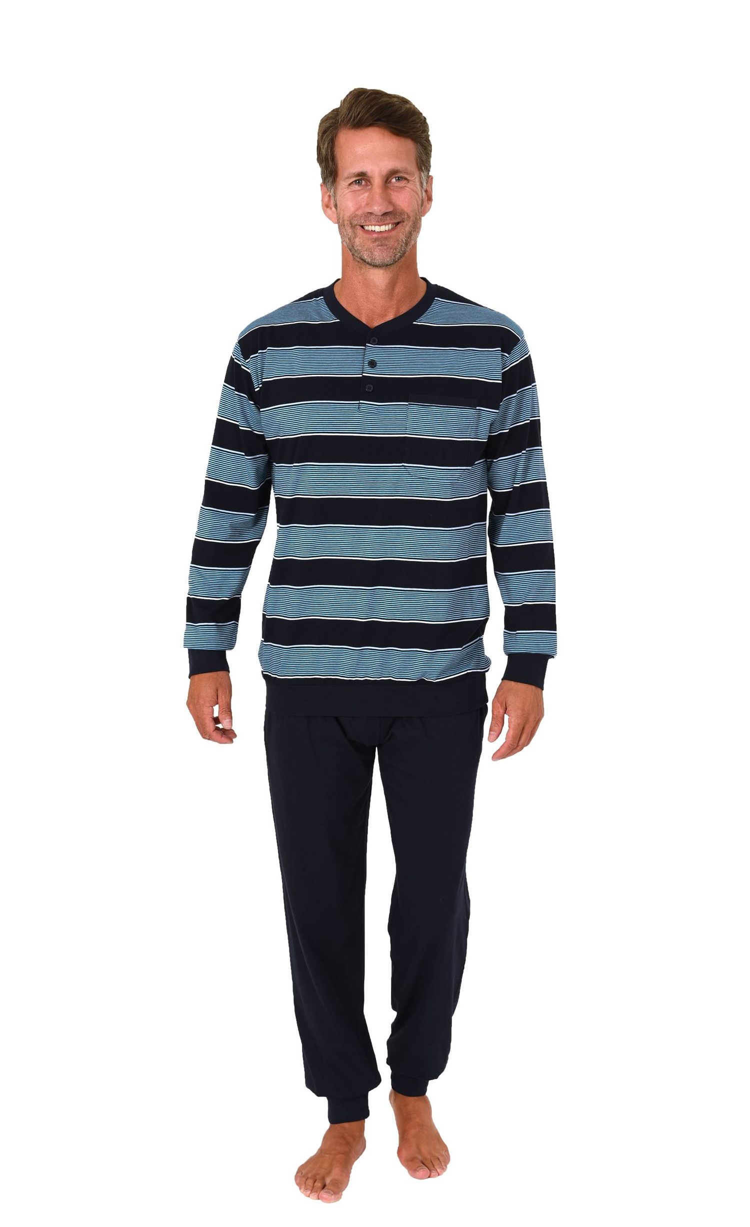 Normann Herren Schlafanzug lang mit Bündchen und Knopfleiste am Hals - auch in Übergrößen