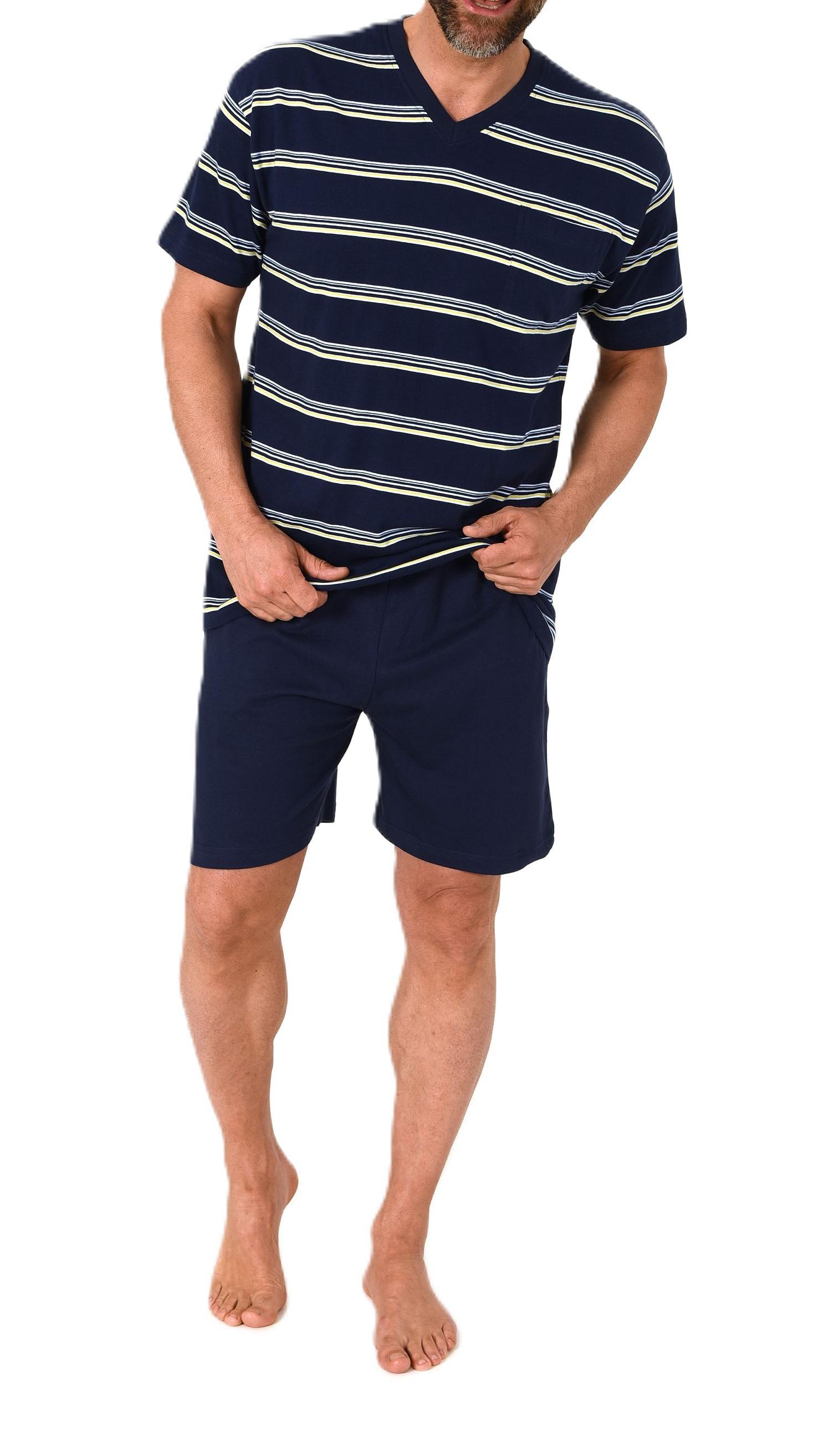 Normann Herren Schlafanzug kurzarm Shorty Pyjama in Streifenoptik und V-Hals