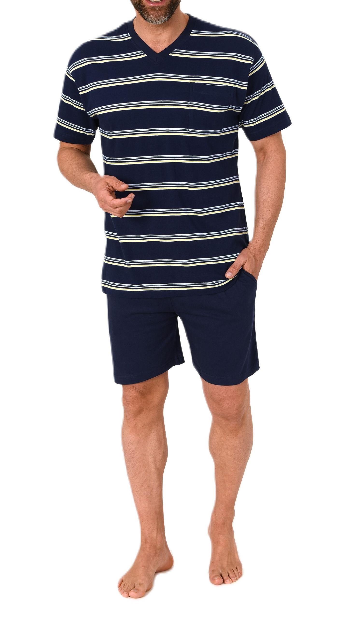Normann Herren Schlafanzug kurzarm Shorty Pyjama in Streifenoptik und V-Hals