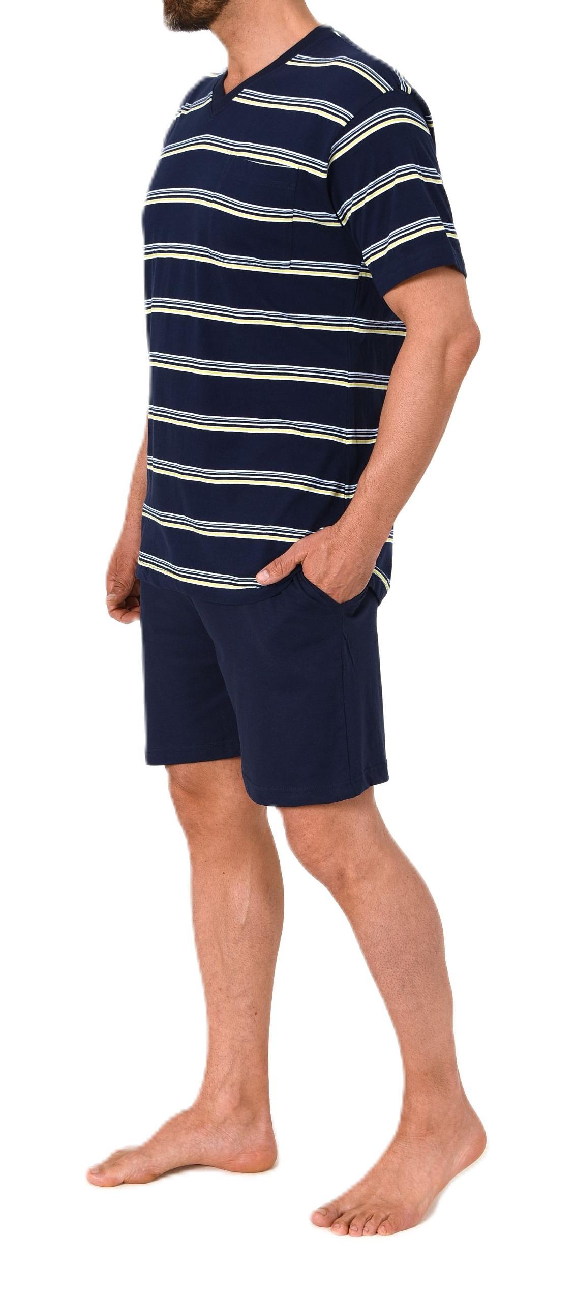 Normann Herren Schlafanzug kurzarm Shorty Pyjama in Streifenoptik und V-Hals