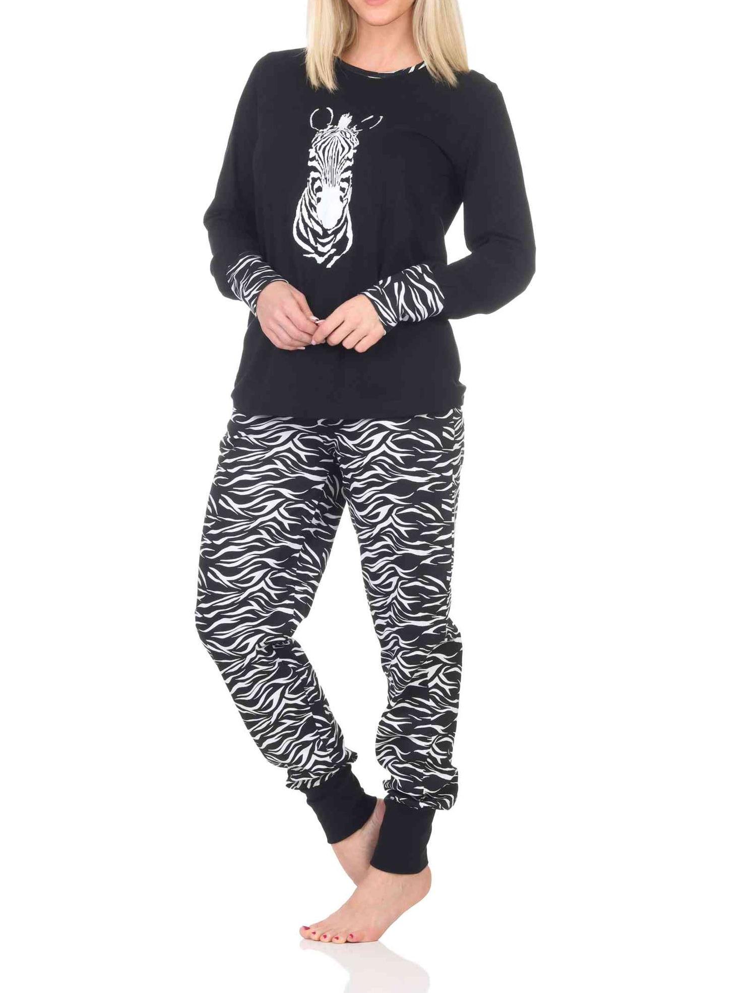 Normann Damen Pyjama Schlafanzug mit Bündchen und Tiermotiv - auch in Übergrößen