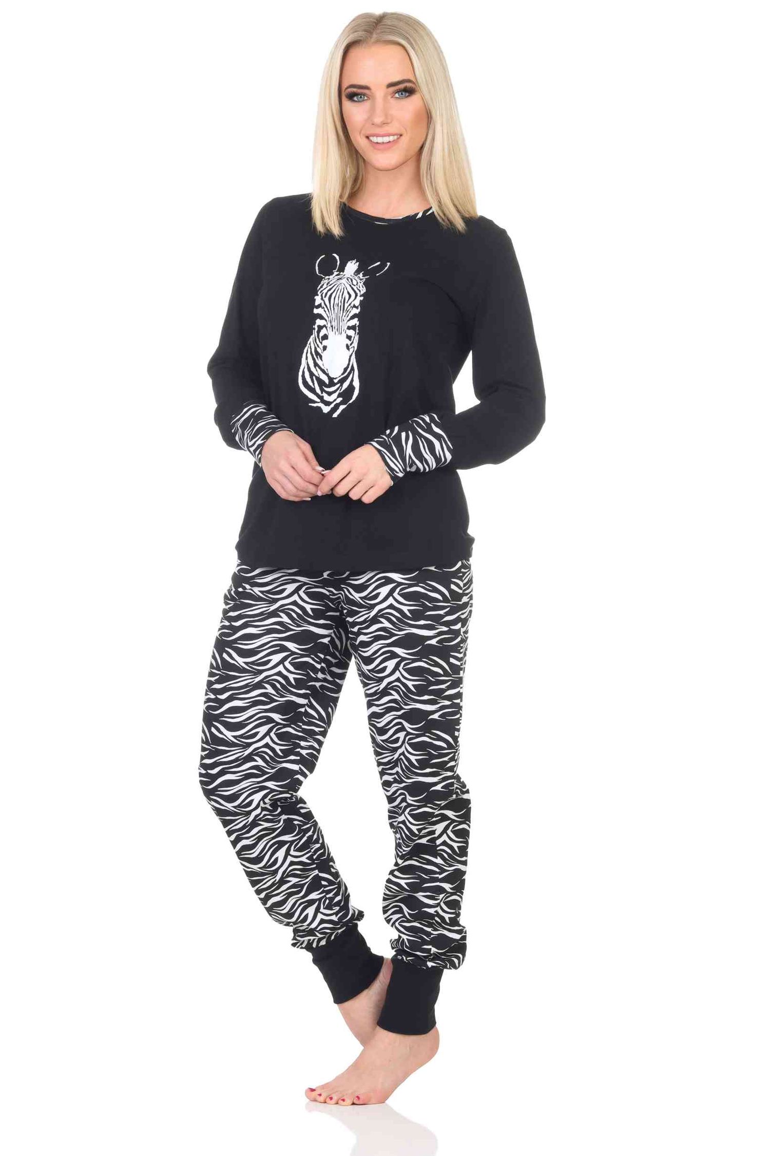 Normann Damen Pyjama Schlafanzug mit Bündchen und Tiermotiv - auch in Übergrößen