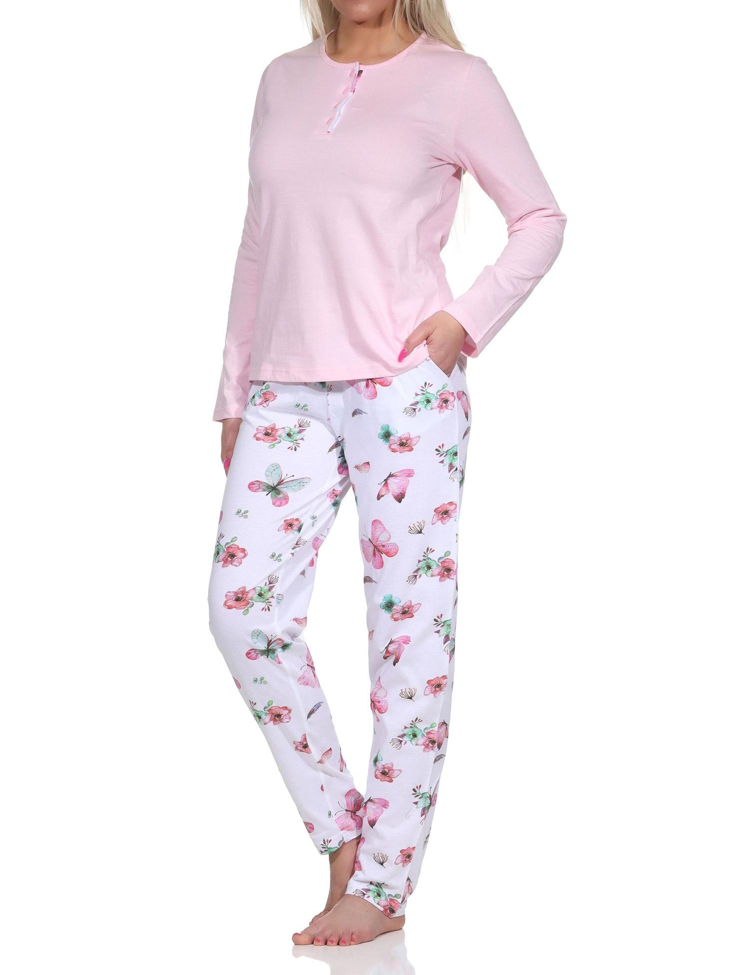 Normann Damen Schlafanzug langarm Pyjama mit Pyjamahose in floralem Schmetterlings Print