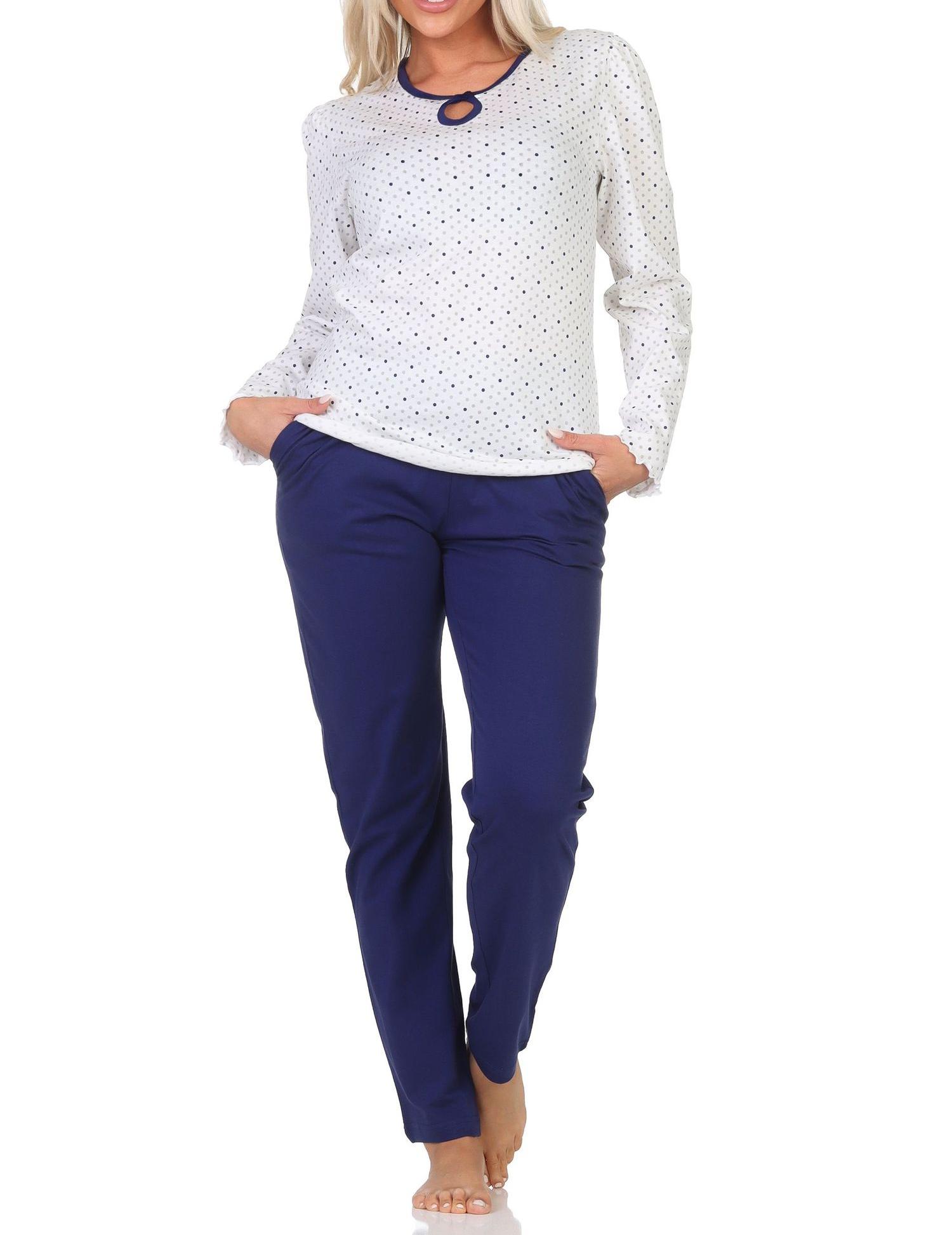 Normann Damen Schlafanzug langarm Pyjama in Tupfen Punkte Optik – auch in Übergrößen