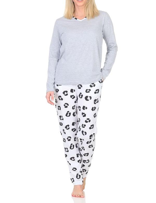 Normann Damen Schlafanzug lang Pyjama aus weichem Jersey  mit Tiermotiv