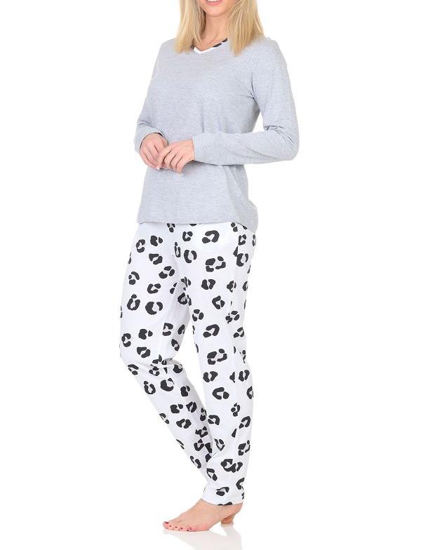 Normann Damen Schlafanzug lang Pyjama aus weichem Jersey  mit Tiermotiv