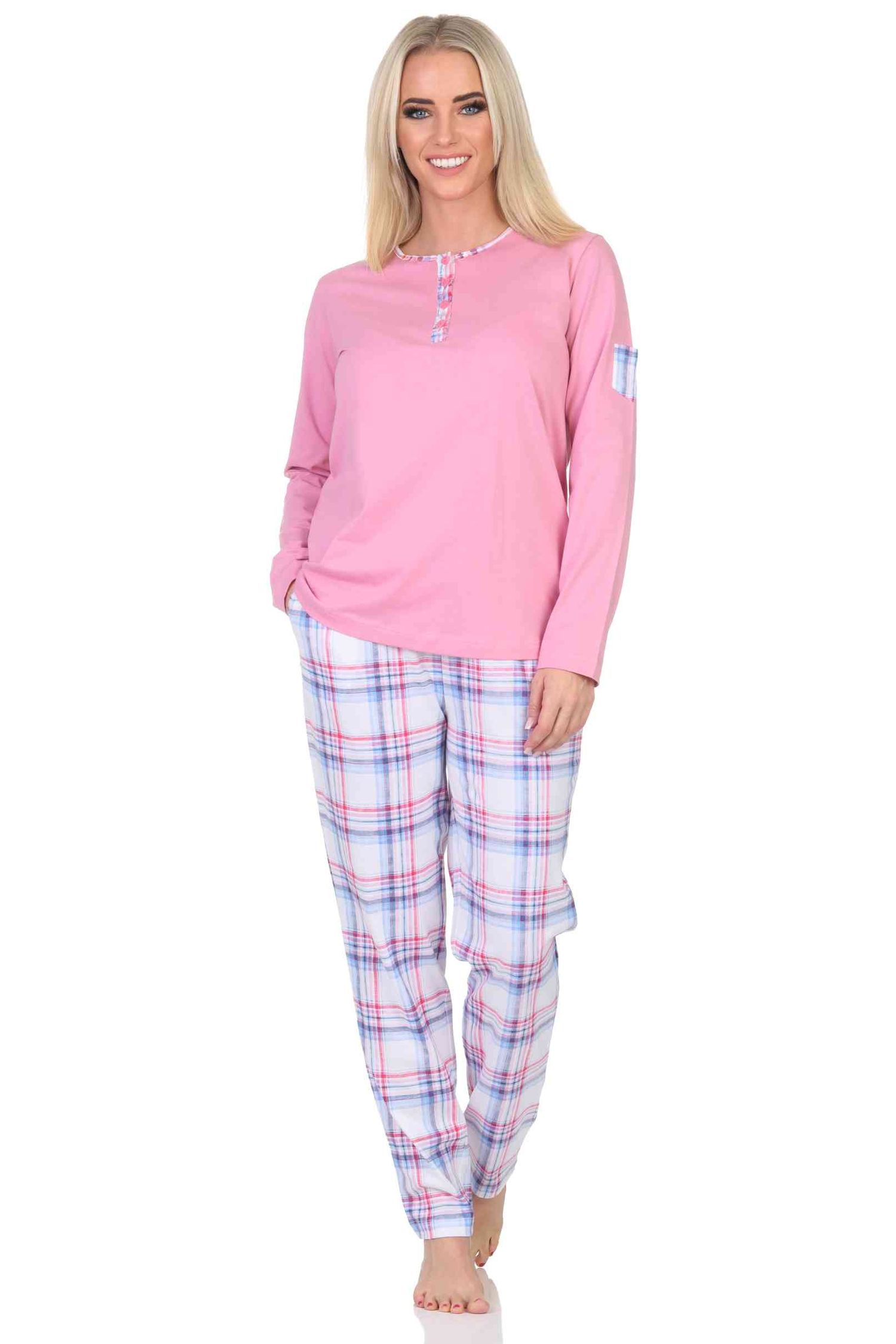 Normann Damen Schlafanzug mit karierter Pyjama-Hose aus Jersey - auch in Übergröße Normann Damen Schlafanzug mit karierter Pyjama-Hose aus Jersey - auch in Übergröße
