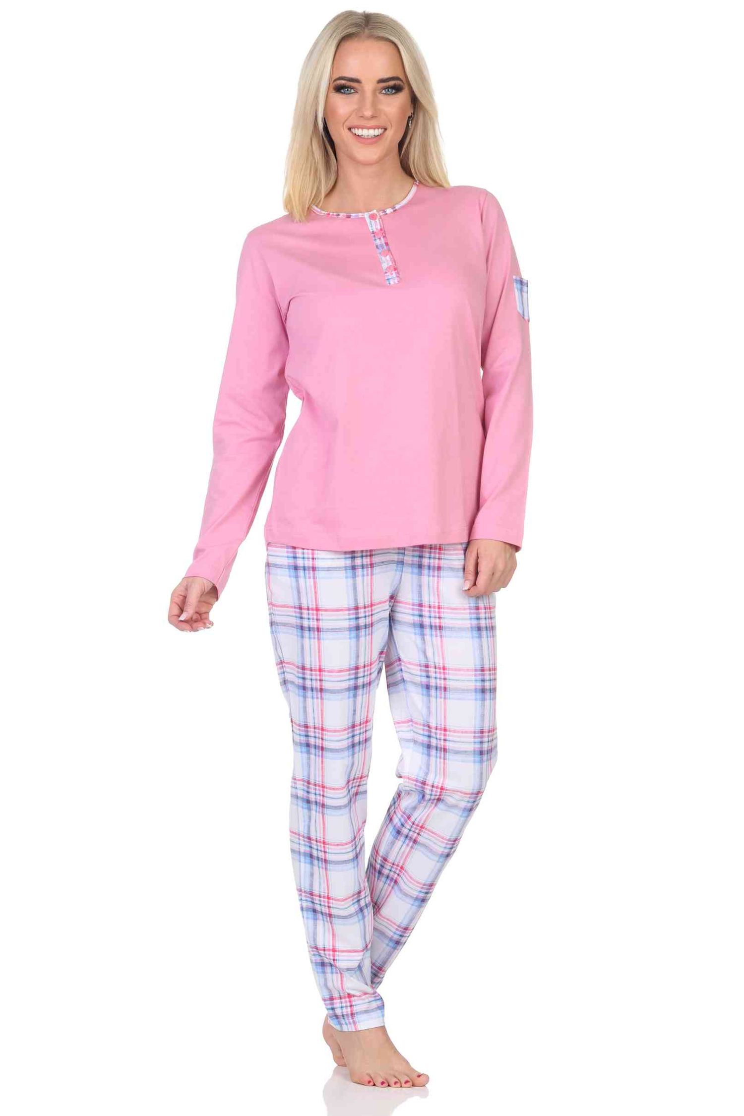 Normann Damen Schlafanzug mit karierter Pyjama-Hose aus Jersey - auch in Übergröße Normann Damen Schlafanzug mit karierter Pyjama-Hose aus Jersey - auch in Übergröße