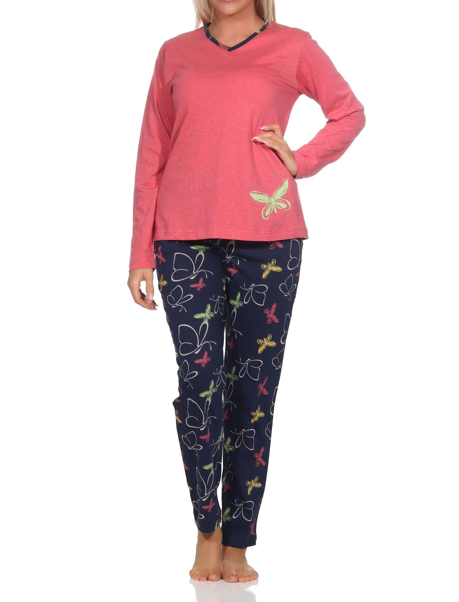 Normann Damen langarm Schlafanzug mit Schmetterling als Motiv - auch in Übergröße