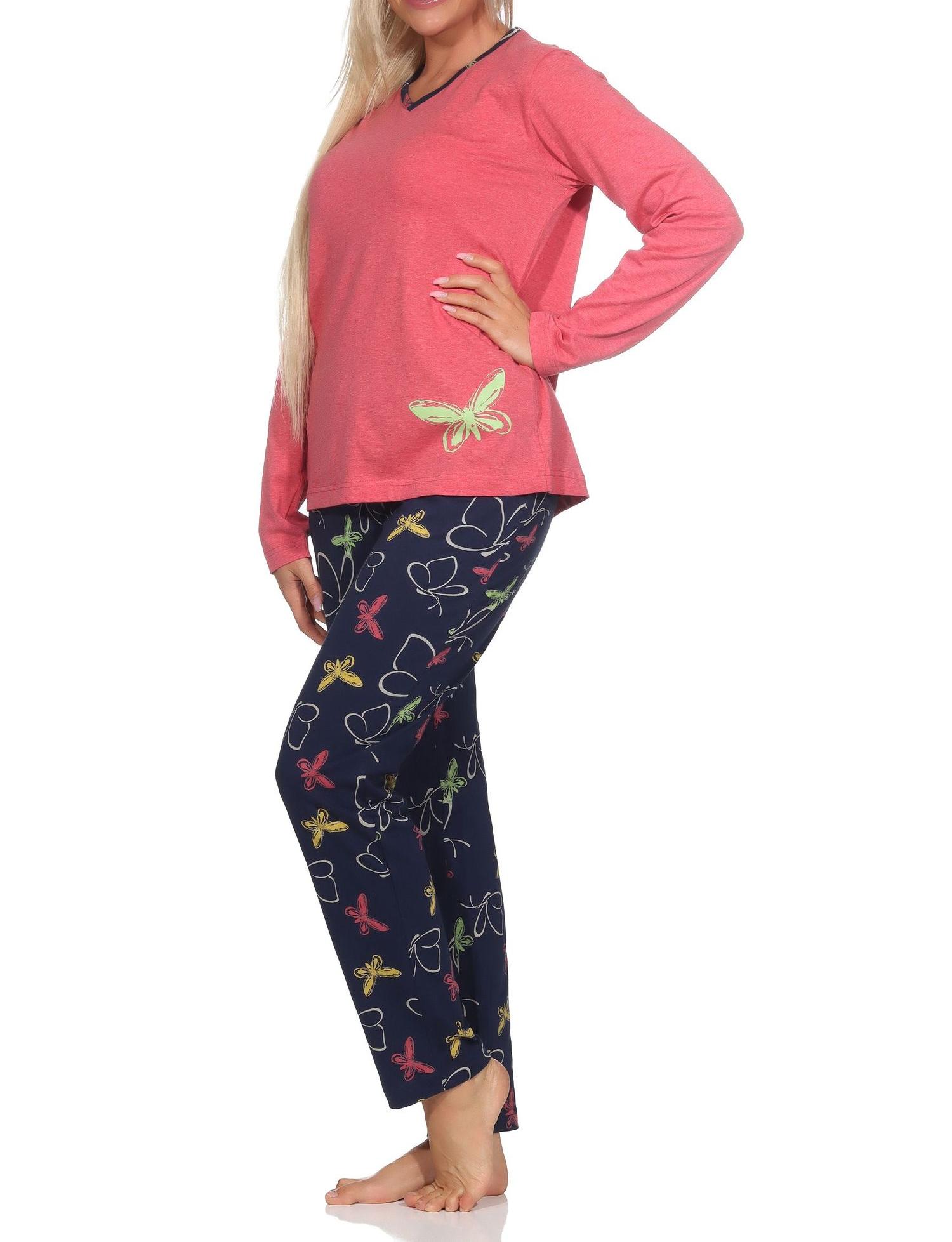Normann Damen langarm Schlafanzug mit Schmetterling als Motiv - auch in Übergröße