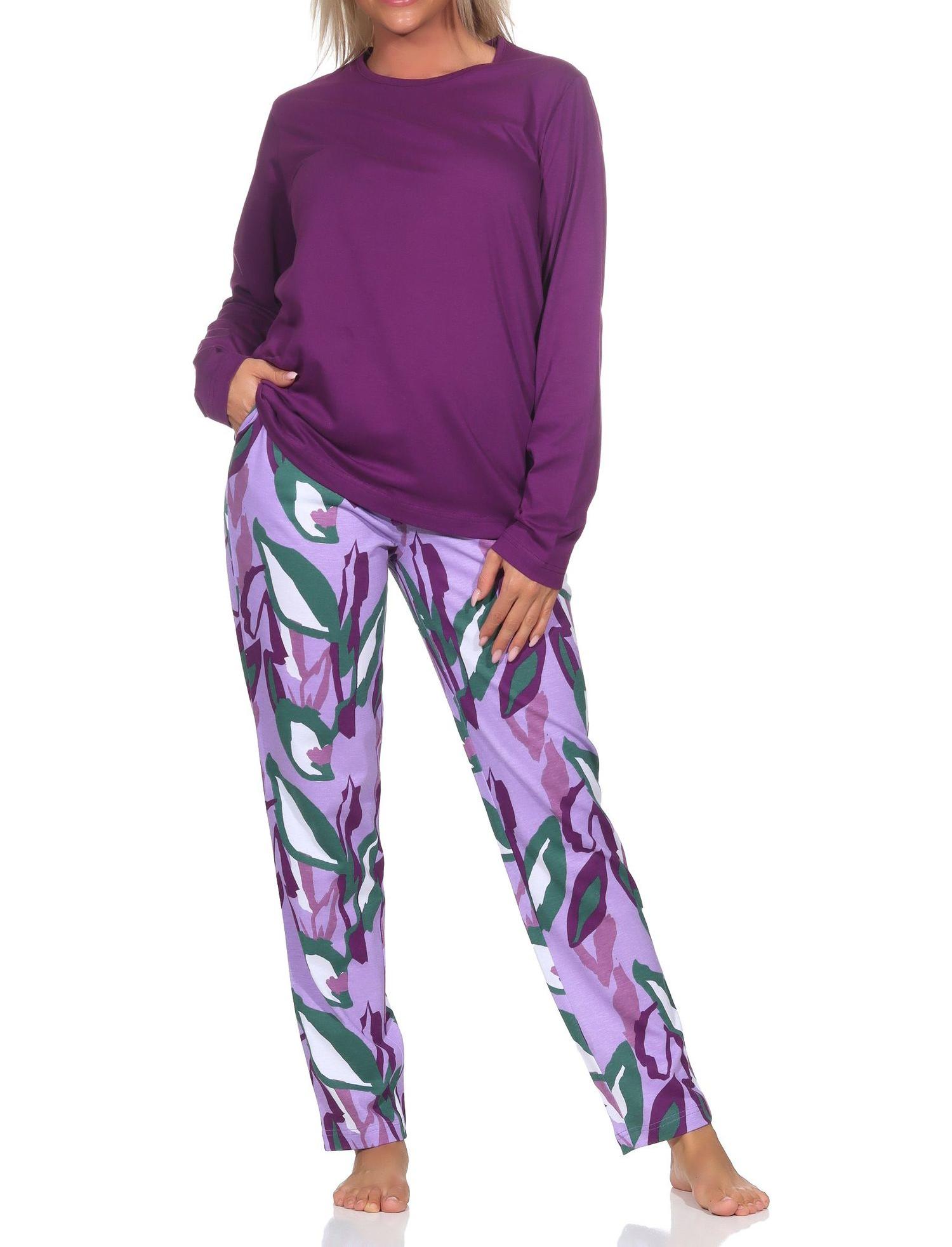 Normann Damen Schlafanzug lang aus weichem Jersey, Pyjamahose im modernen Print