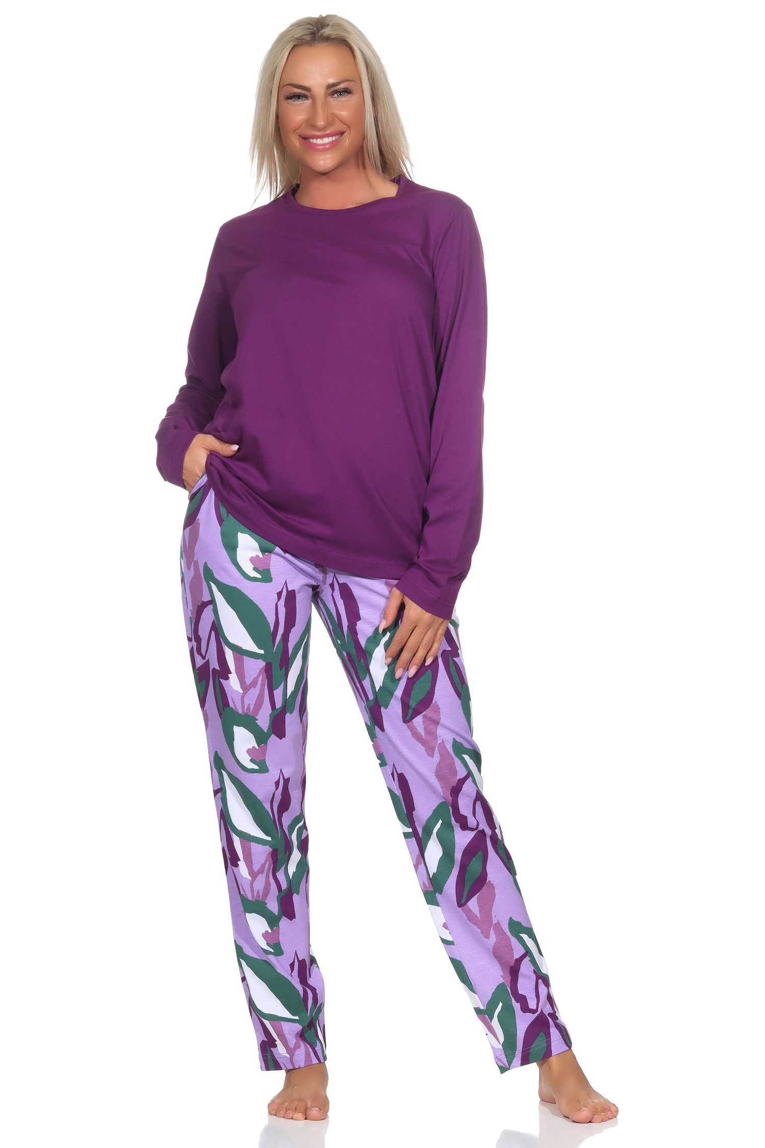 Normann Damen Schlafanzug lang aus weichem Jersey, Pyjamahose im modernen Print