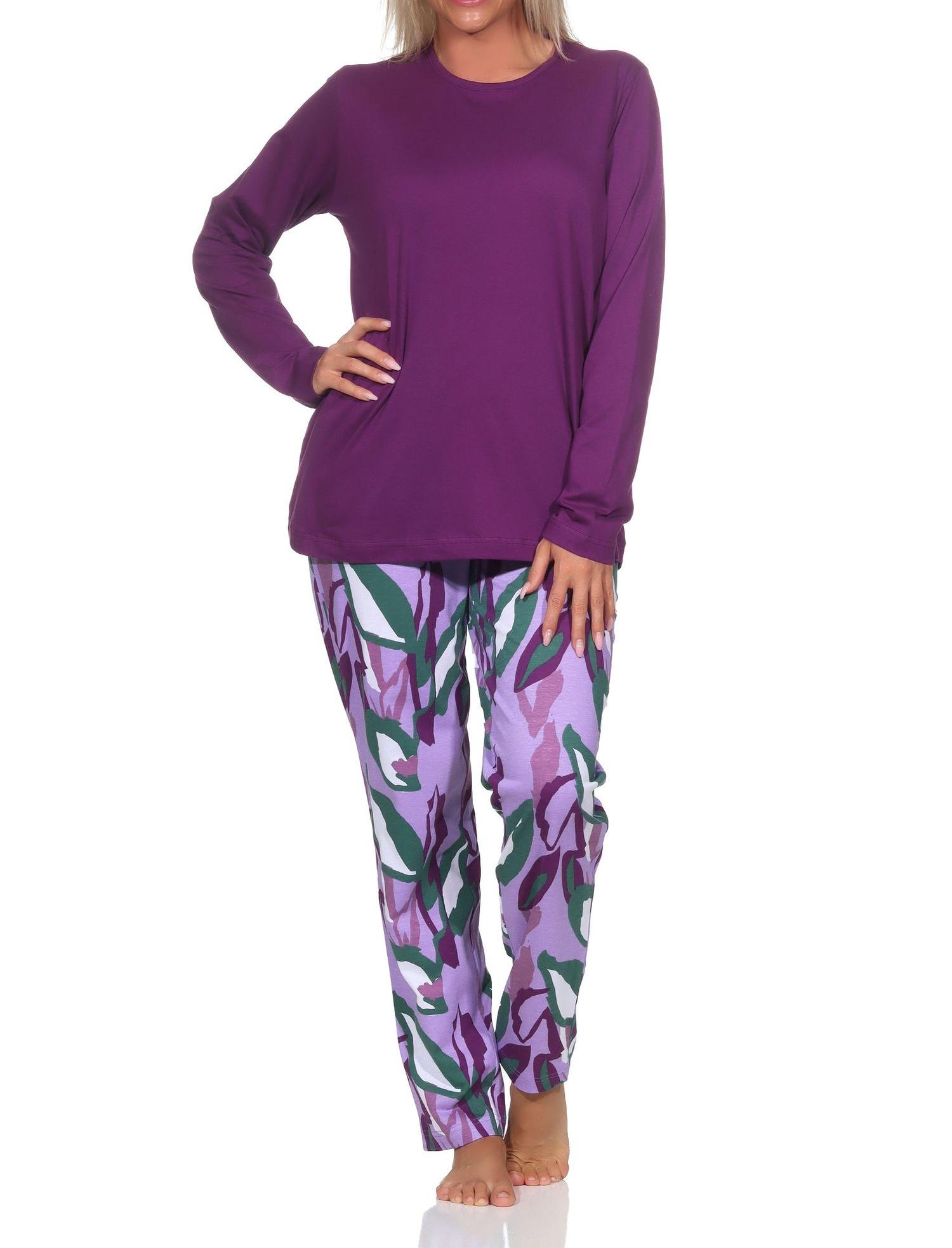 Normann Damen Schlafanzug lang aus weichem Jersey, Pyjamahose im modernen Print