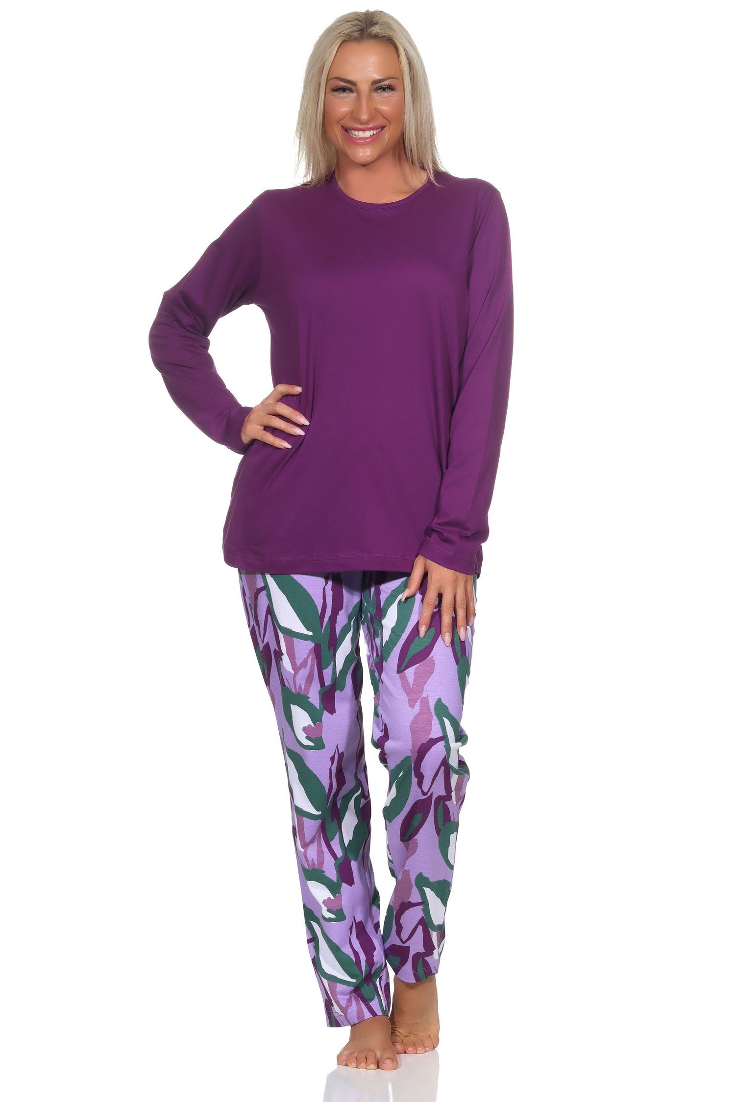 Normann Damen Schlafanzug lang aus weichem Jersey, Pyjamahose im modernen Print