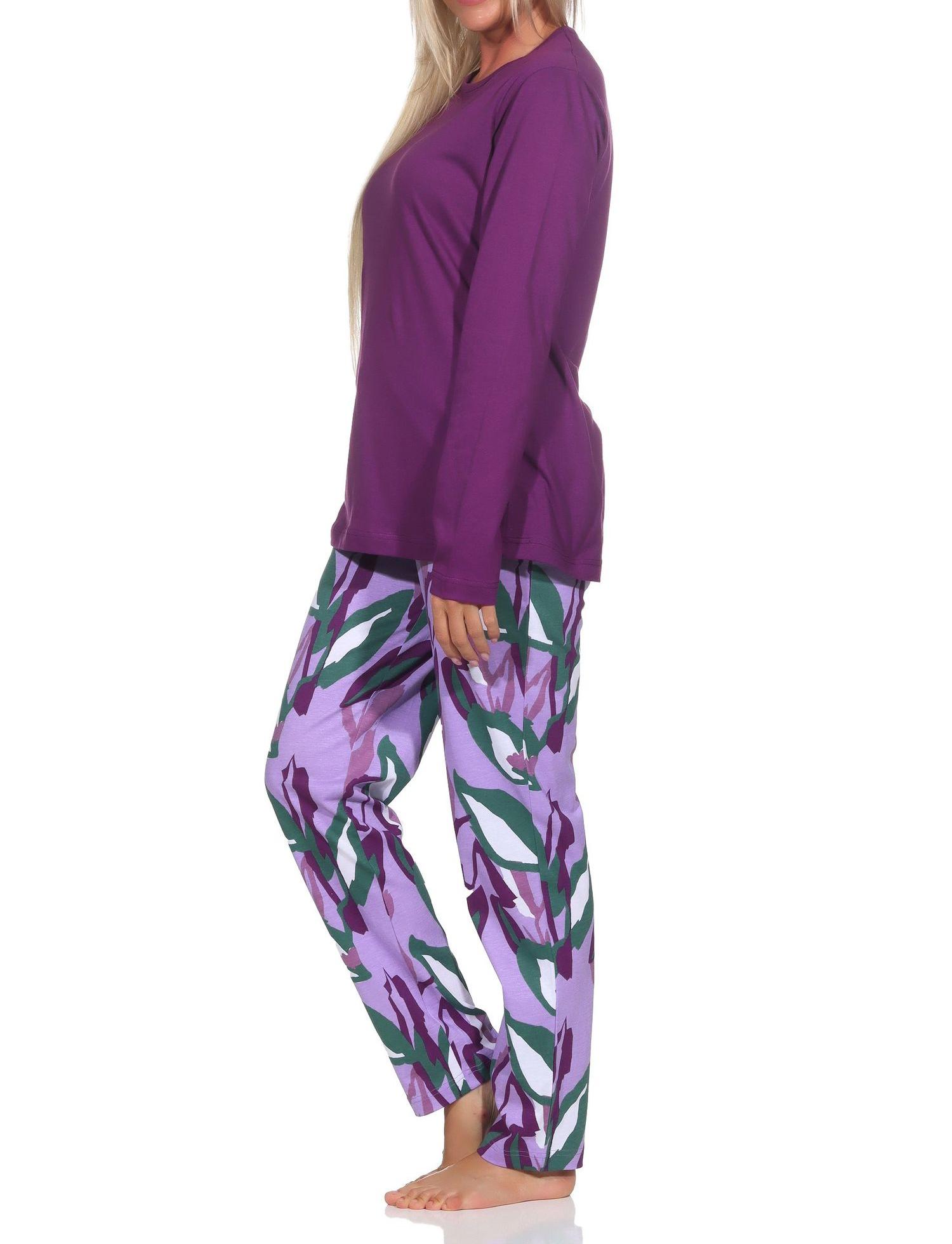 Normann Damen Schlafanzug lang aus weichem Jersey, Pyjamahose im modernen Print