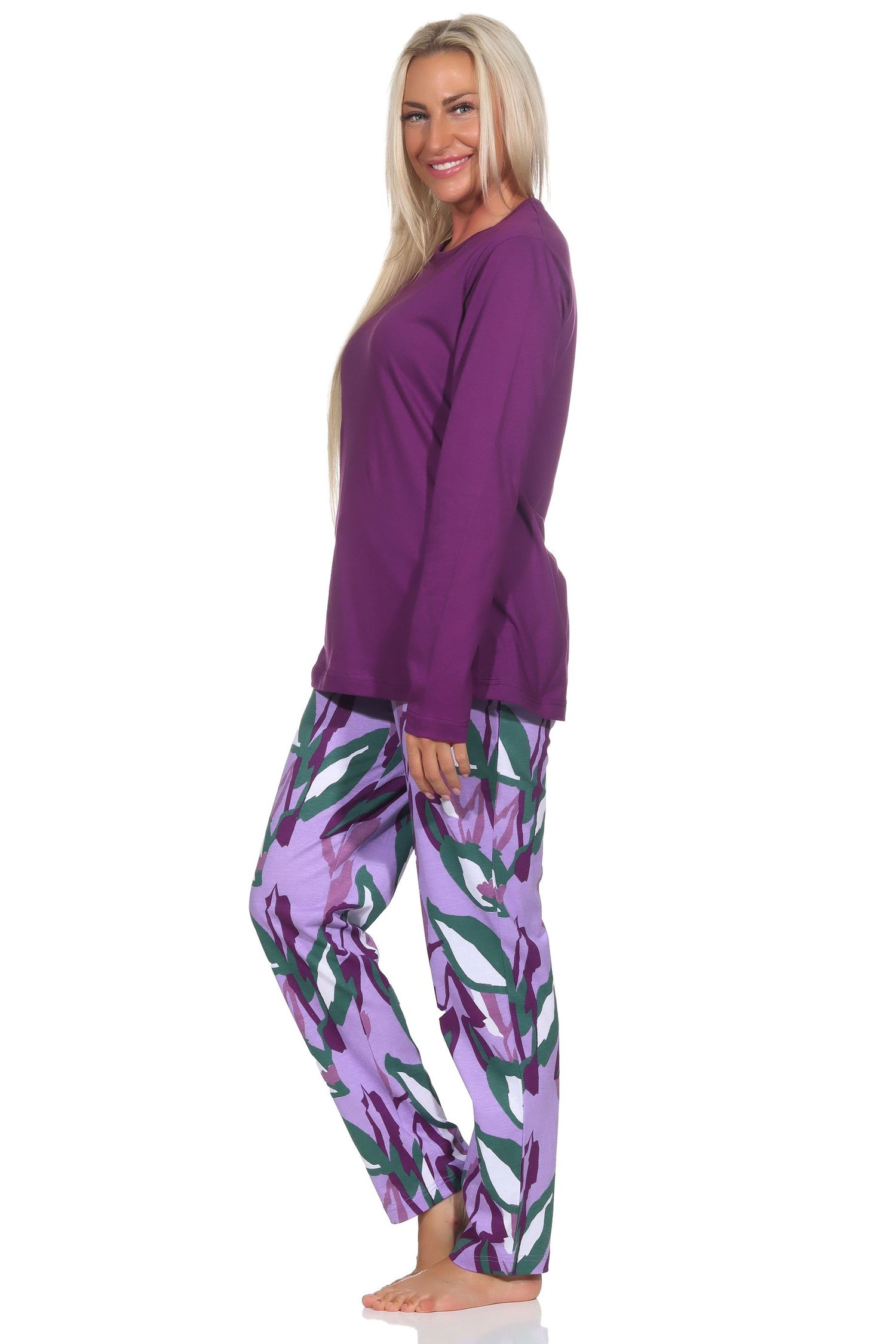Normann Damen Schlafanzug lang aus weichem Jersey, Pyjamahose im modernen Print