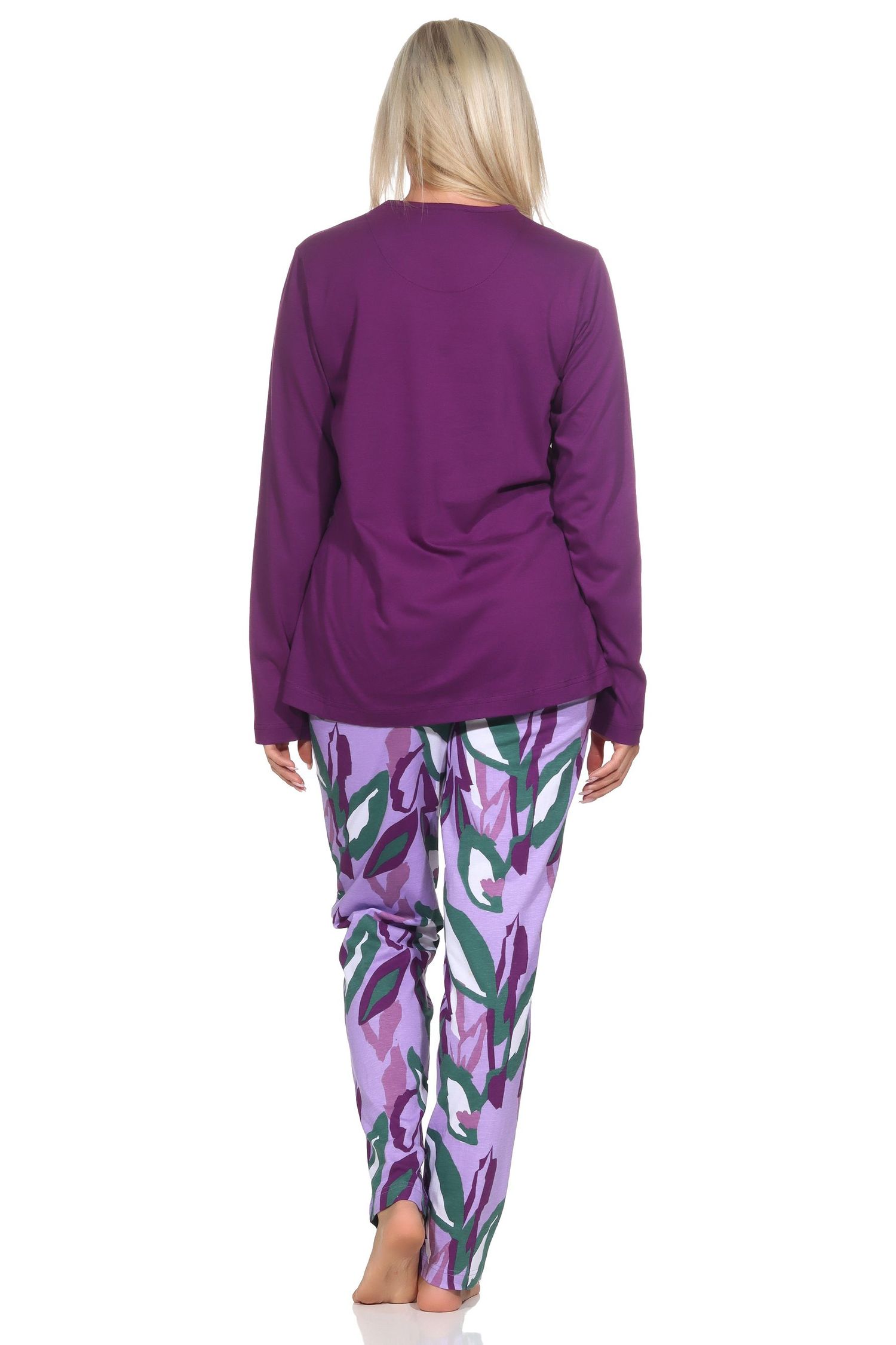 Normann Damen Schlafanzug lang aus weichem Jersey, Pyjamahose im modernen Print