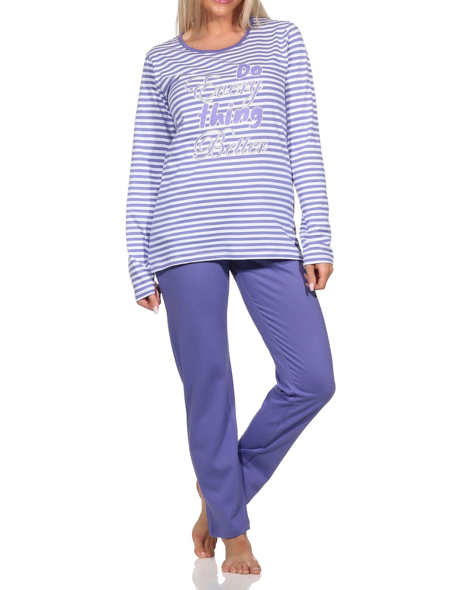 Normann Damen Schlafanzug lang Pyjama in feiner garngefärbten Streifenoptik mit Frontprint