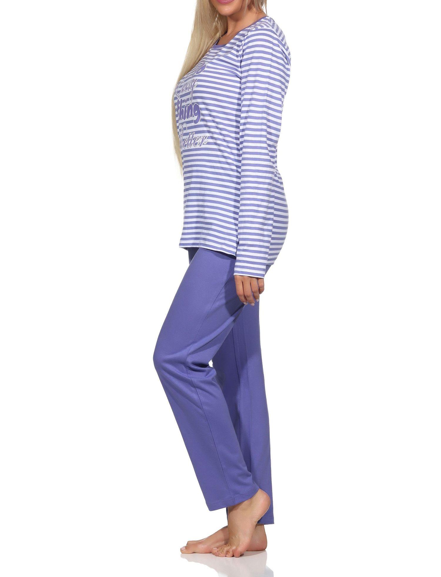 Normann Damen Schlafanzug lang Pyjama in feiner garngefärbten Streifenoptik mit Frontprint