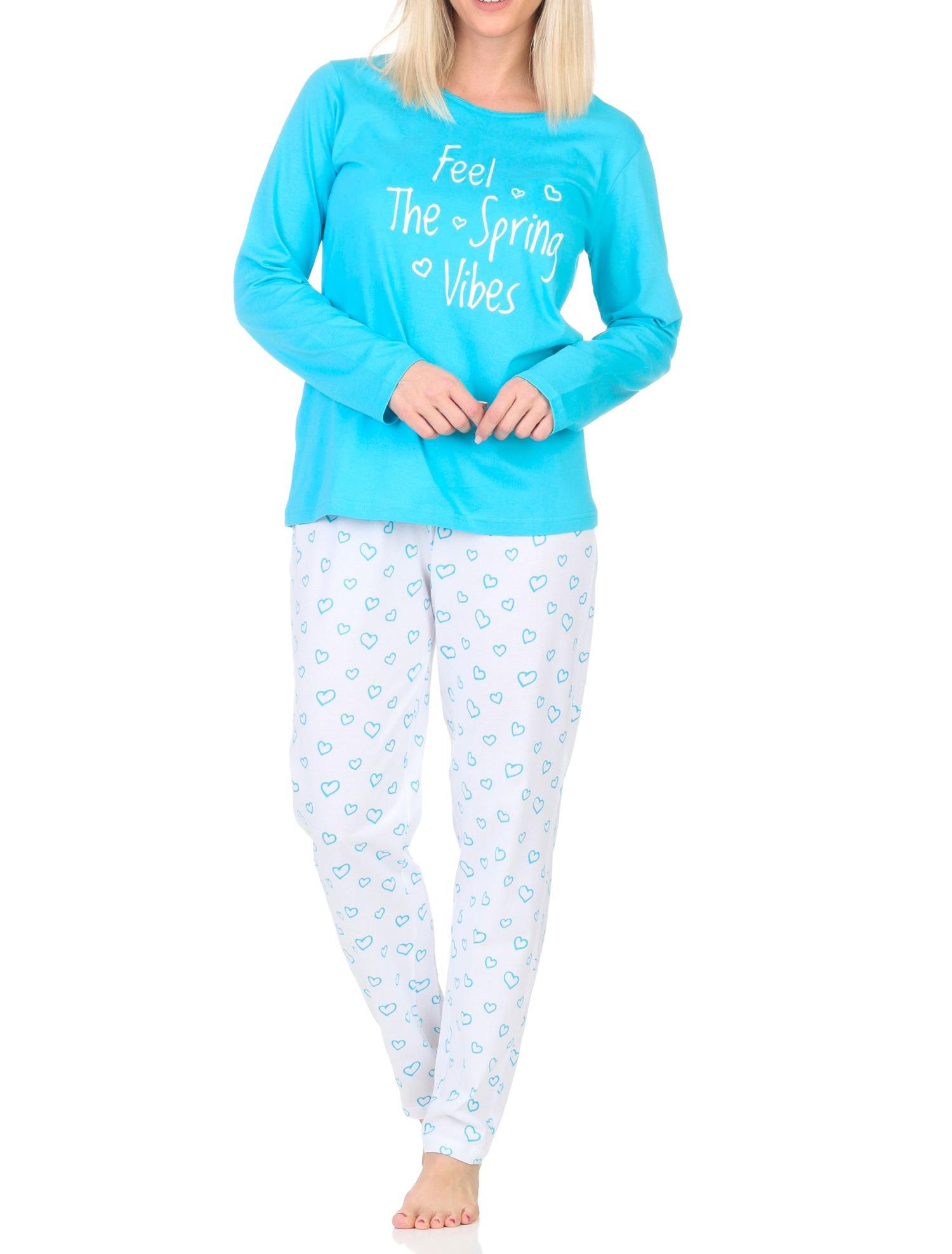 Normann Damen Schlafanzug langarm, Pyjama Hose in Herz Optik