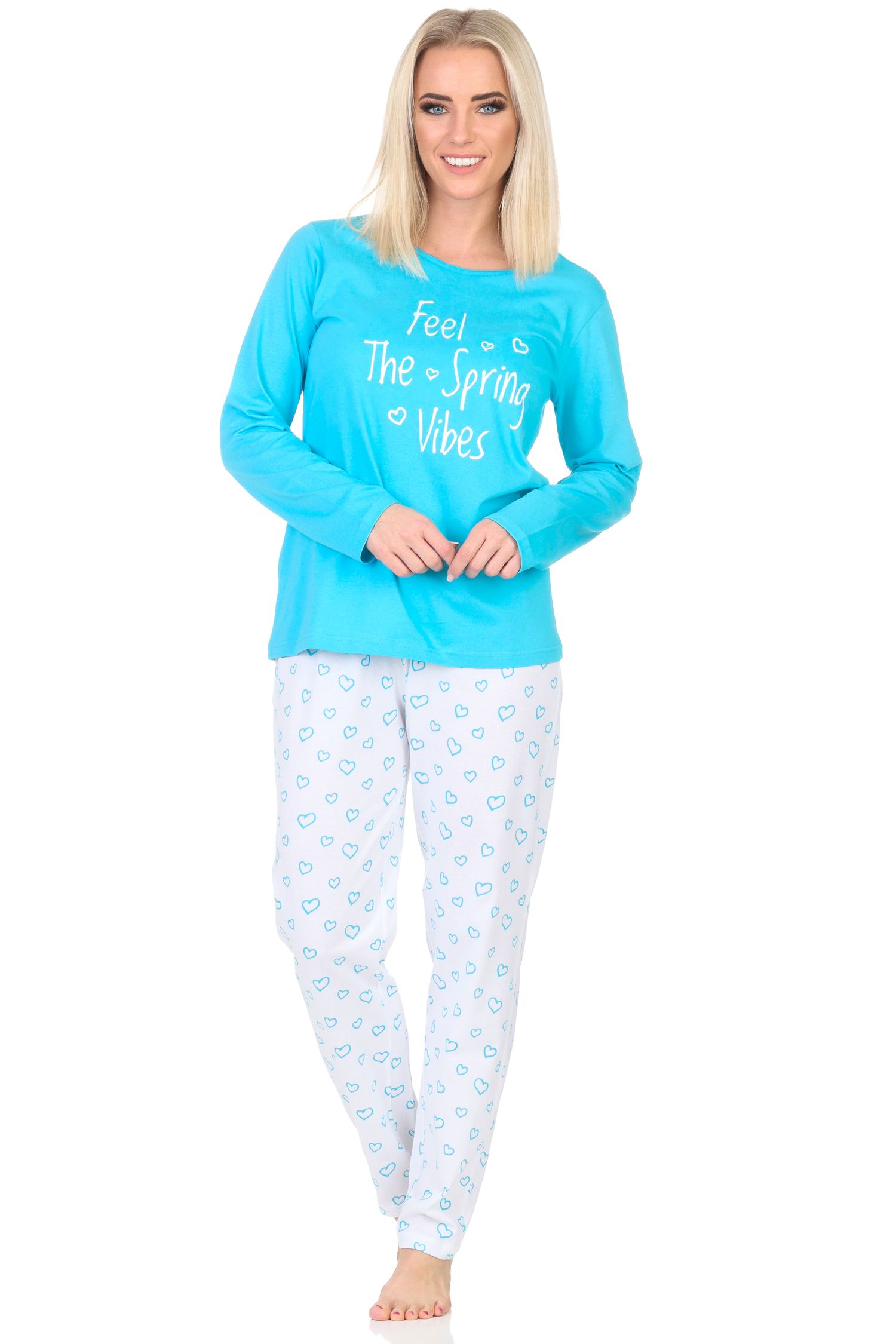 Normann Damen Schlafanzug langarm, Pyjama Hose in Herz Optik