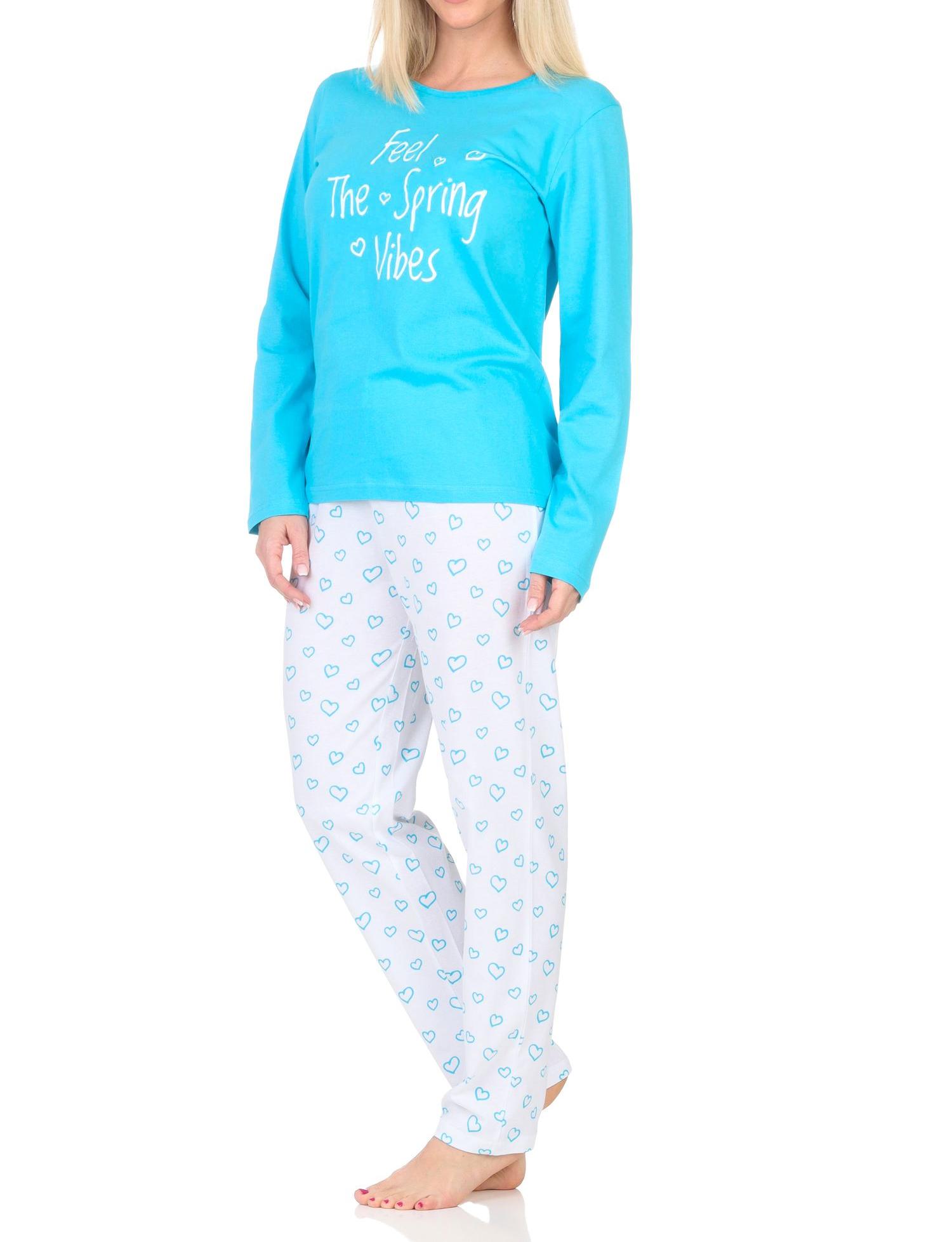Normann Damen Schlafanzug langarm, Pyjama Hose in Herz Optik