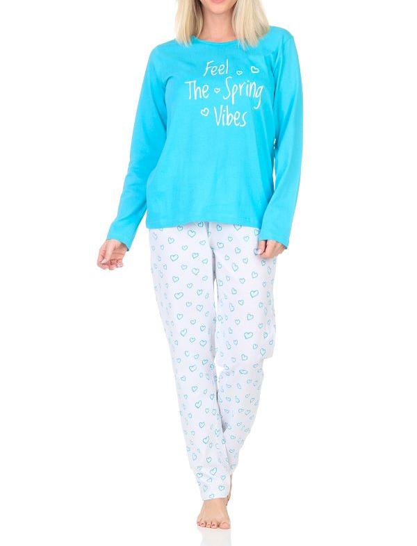 Normann Damen Schlafanzug langarm, Pyjama Hose in Herz Optik
