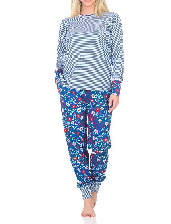 Normann Damen Schlafanzug Langarm mit Bündchen, Oberteil gestreift - auch in Übergrößen