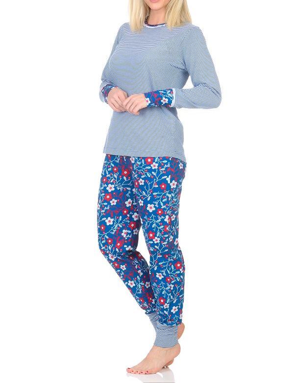 Normann Damen Schlafanzug Langarm mit Bündchen, Oberteil gestreift - auch in Übergrößen