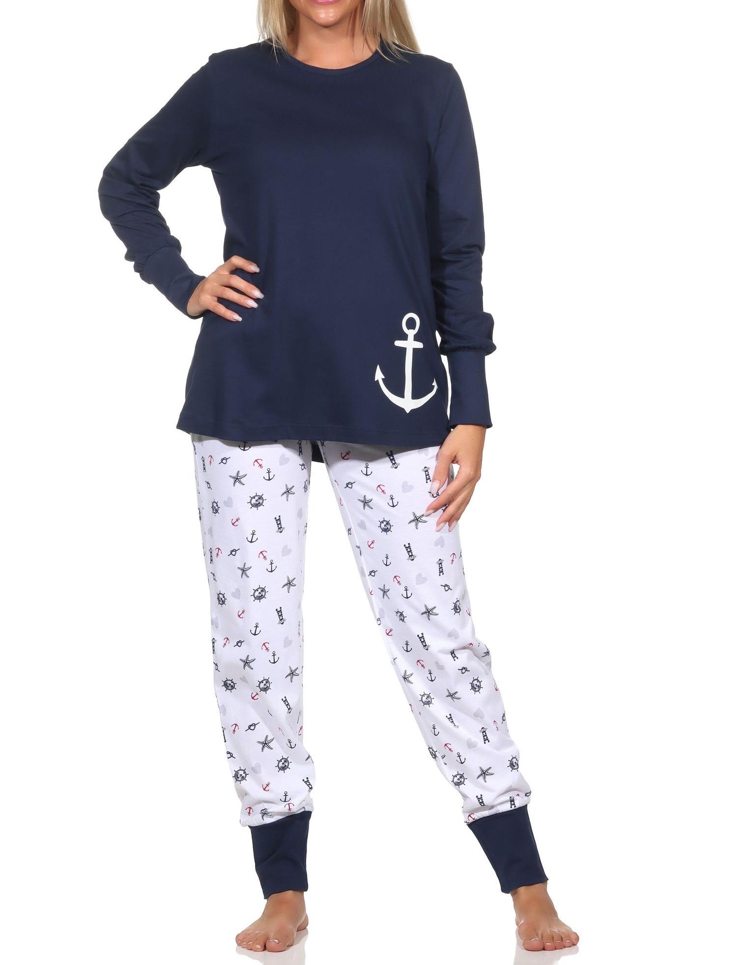 Normann Damen Schlafanzug lang mit Bündchen in maritimer Optik - auch in Übergrössen