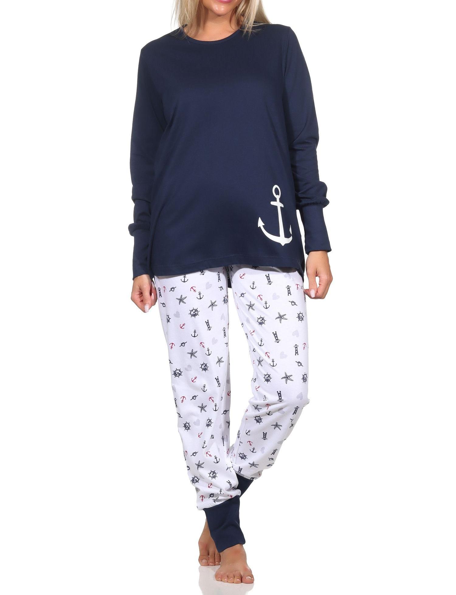 Normann Damen Schlafanzug lang mit Bündchen in maritimer Optik - auch in Übergrössen