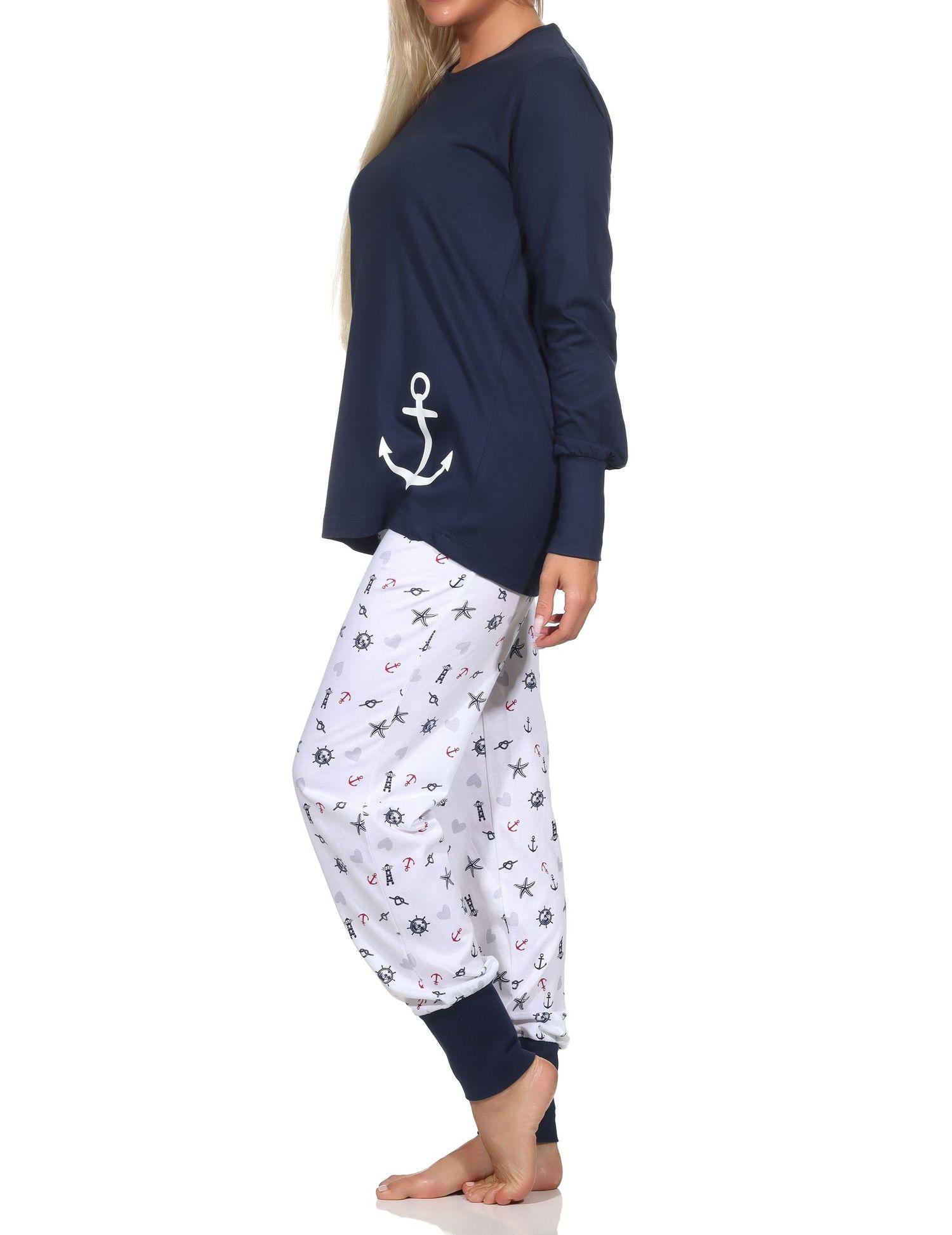 Normann Damen Schlafanzug lang mit Bündchen in maritimer Optik - auch in Übergrössen