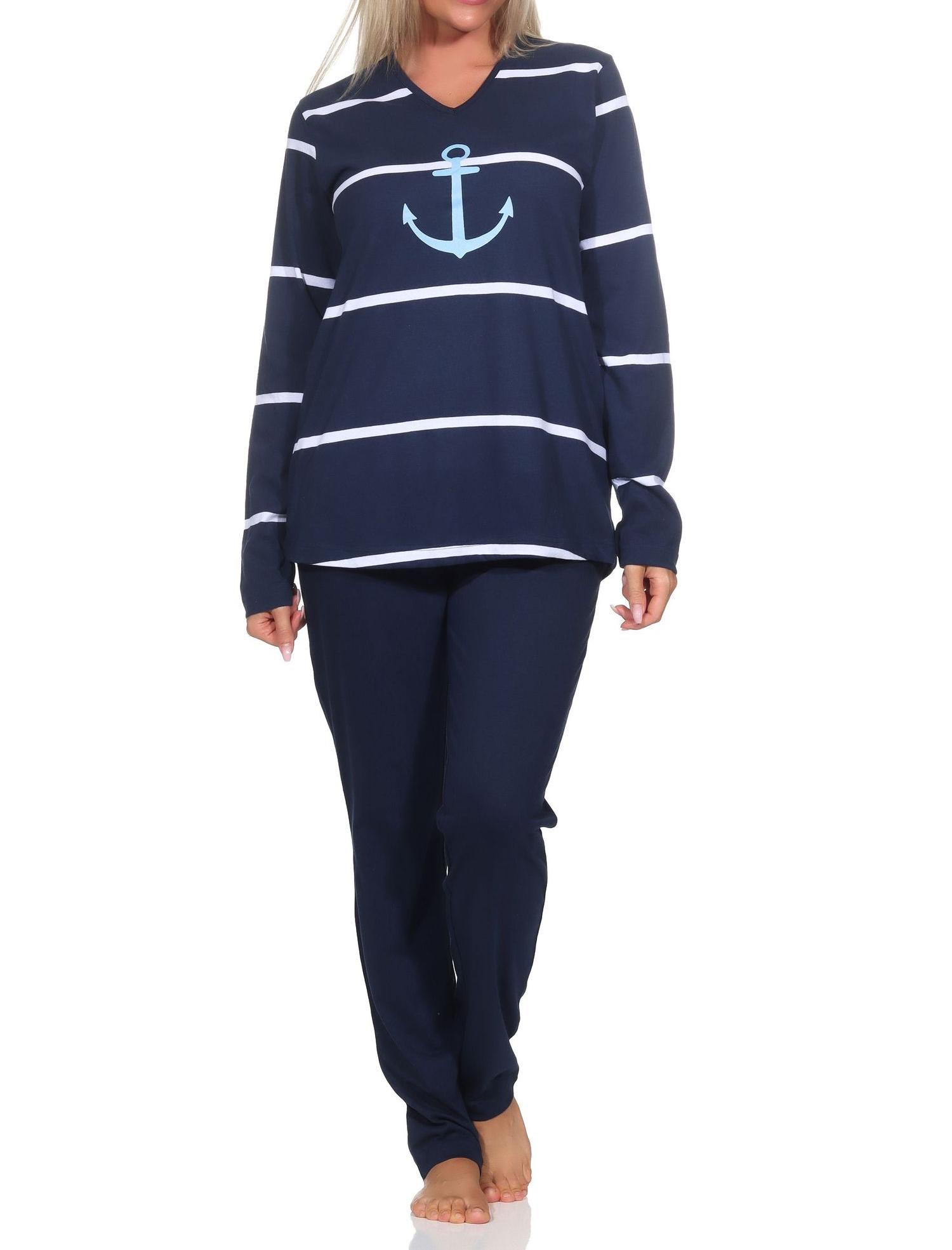 Normann Damen Schlafanzug lang in maritimer Optik mit Anker Motiv - auch in Übergrössen