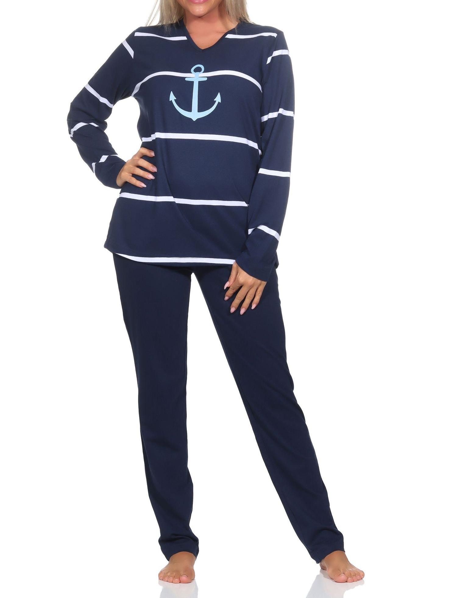 Normann Damen Schlafanzug lang in maritimer Optik mit Anker Motiv - auch in Übergrössen