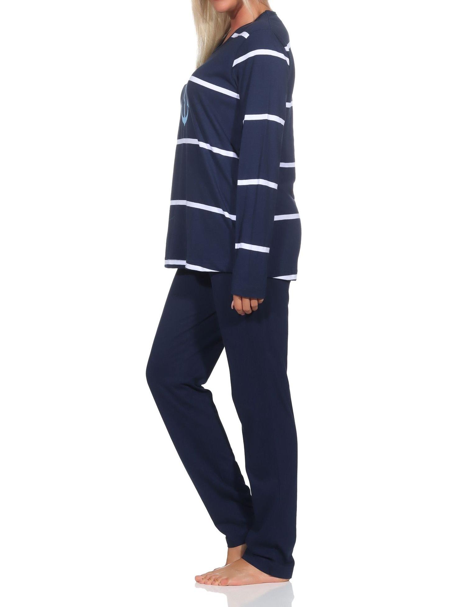 Normann Damen Schlafanzug lang in maritimer Optik mit Anker Motiv - auch in Übergrössen